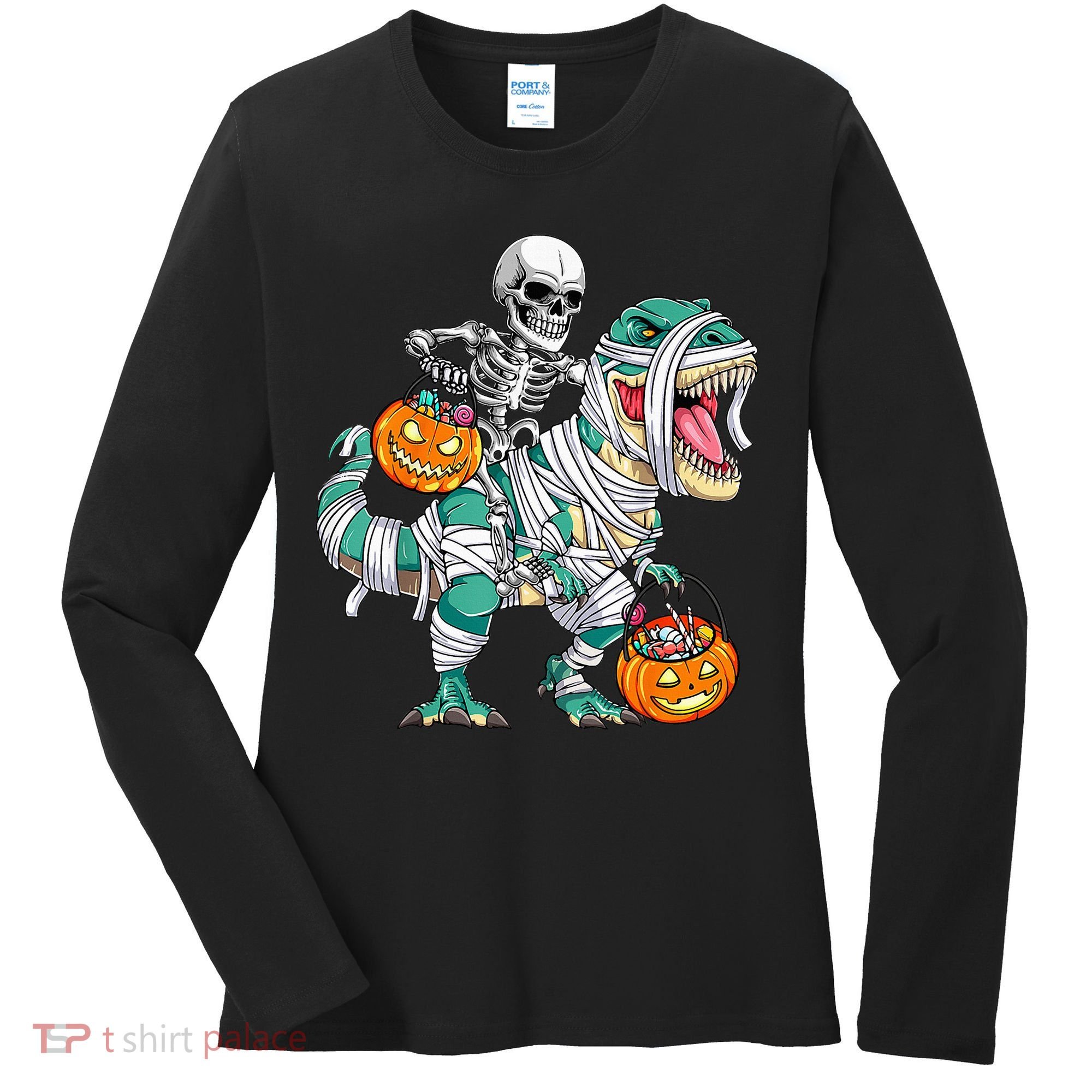 Skeleton Riding Dinosaur T Rex Funny Kids Halloween Women's Long Sleeve Shirt
