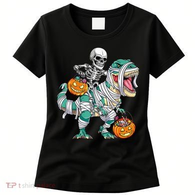 Skeleton Riding Dinosaur T Rex Funny Kids Halloween Women's T-Shirt