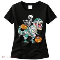 Skeleton Riding Dinosaur T Rex Funny Kids Halloween Women's T-Shirt thumb 0