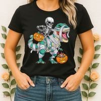 Skeleton Riding Dinosaur T Rex Funny Kids Halloween Women's T-Shirt thumb 2