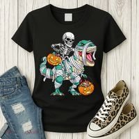 Skeleton Riding Dinosaur T Rex Funny Kids Halloween Women's T-Shirt thumb 3