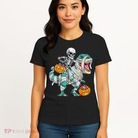 Skeleton Riding Dinosaur T Rex Funny Kids Halloween Women's T-Shirt thumb 4