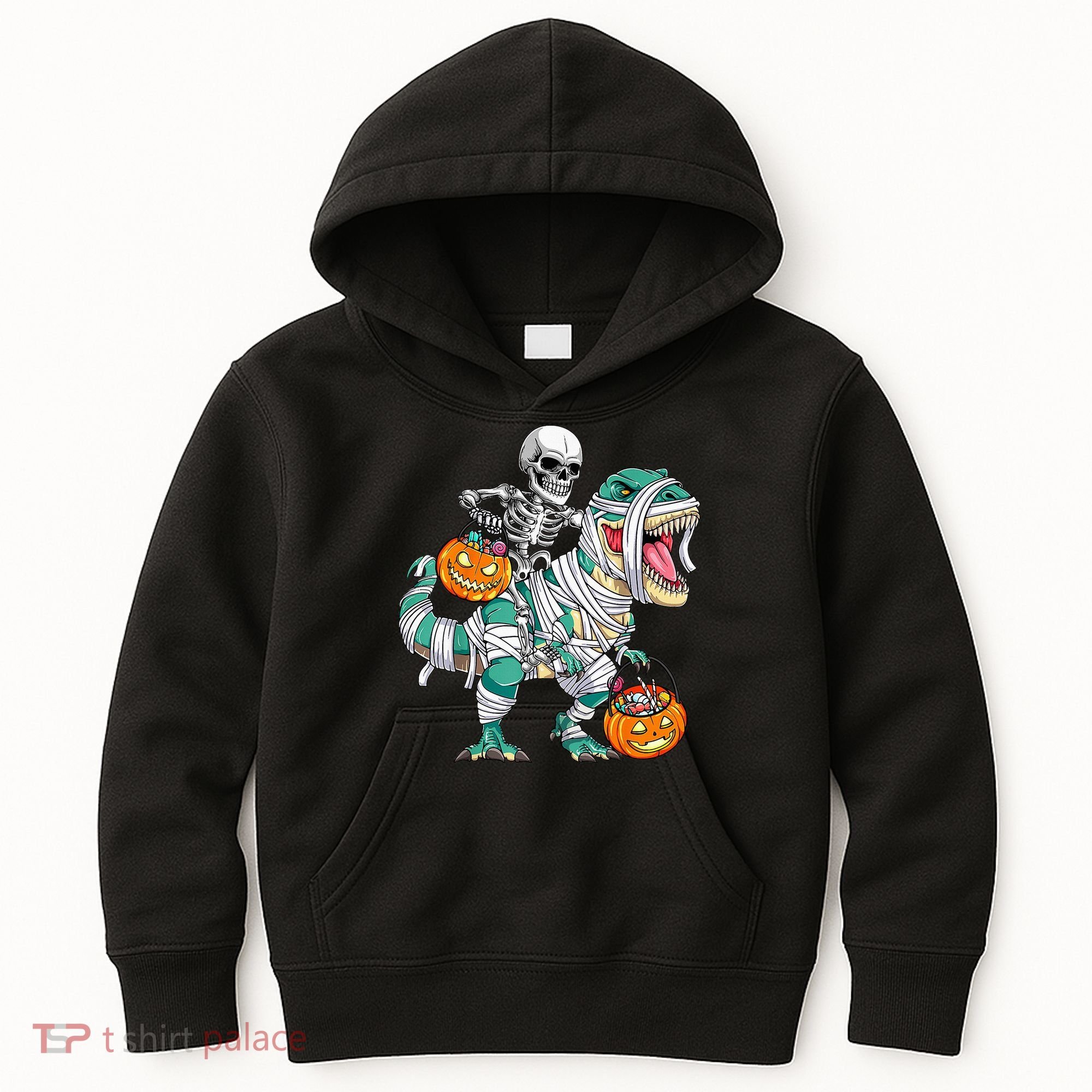 Skeleton Riding Dinosaur T Rex Funny Kids Halloween Kids Hoodie