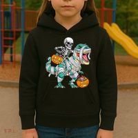 Skeleton Riding Dinosaur T Rex Funny Kids Halloween Kids Hoodie thumb 3