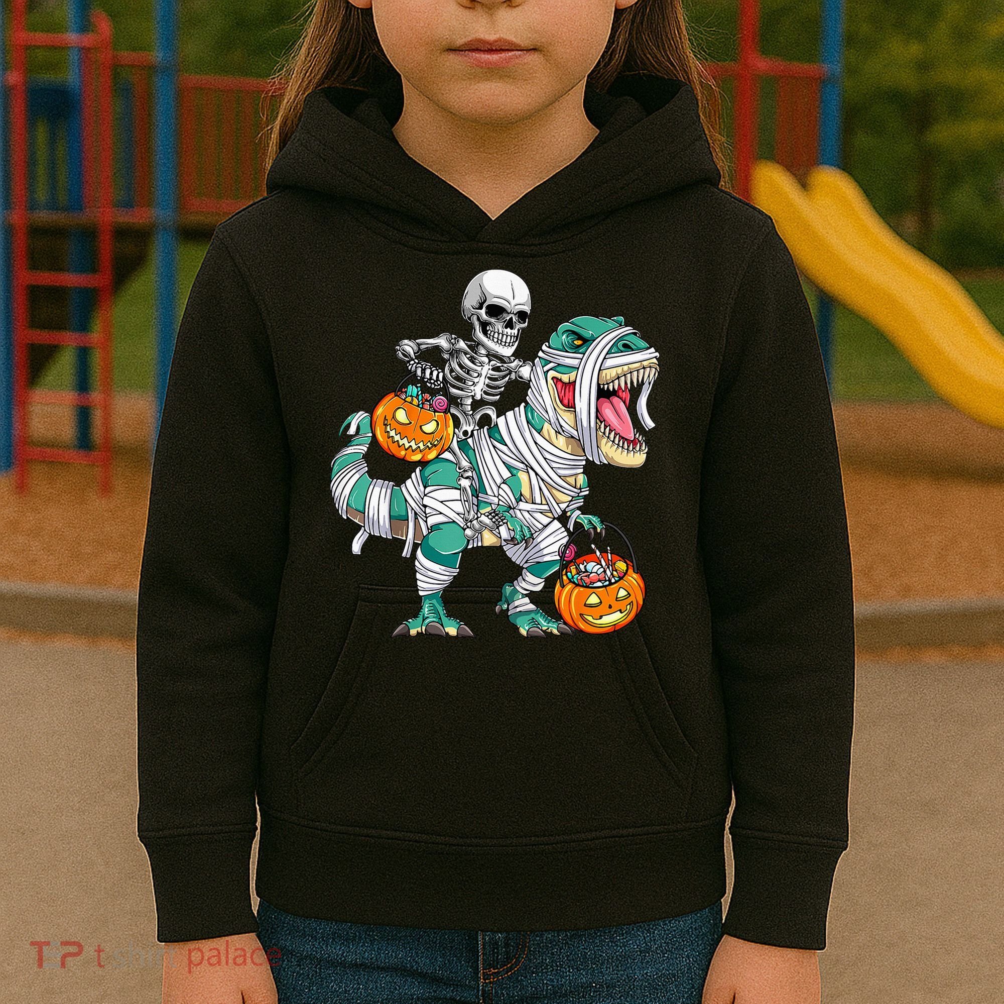 Skeleton Riding Dinosaur T Rex Funny Kids Halloween Kids Hoodie