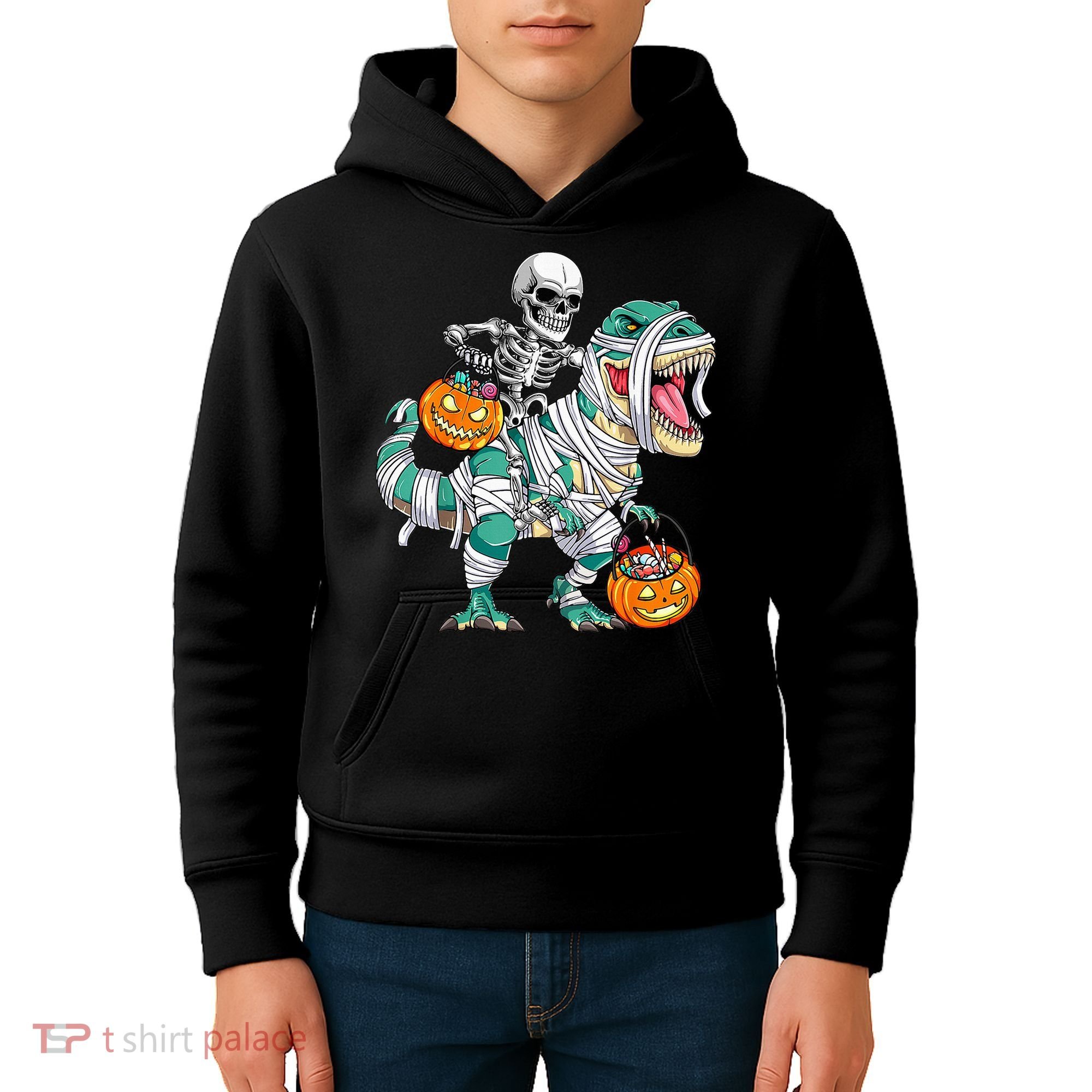 Skeleton Riding Dinosaur T Rex Funny Kids Halloween Kids Hoodie