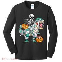 Skeleton Riding Dinosaur T Rex Funny Kids Halloween Kids Long Sleeve Shirt thumb 0