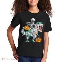 Skeleton Riding Dinosaur T Rex Funny Kids Halloween Kids T-Shirt thumb 2