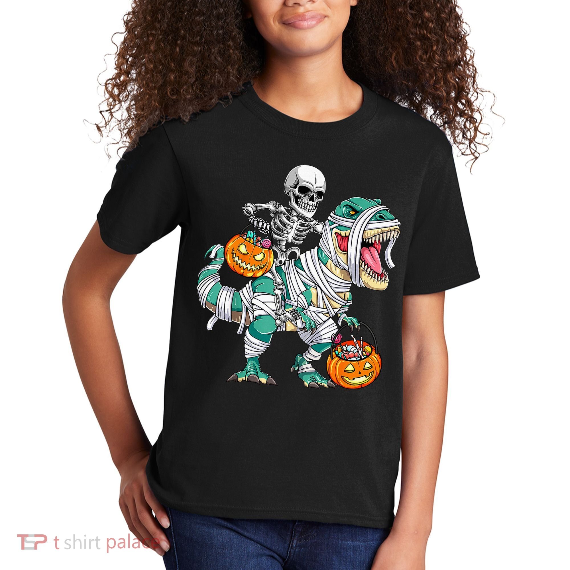 Skeleton Riding Dinosaur T Rex Funny Kids Halloween Kids T-Shirt