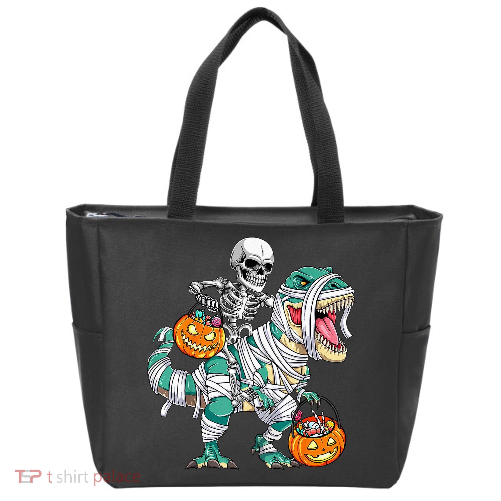 Skeleton Riding Dinosaur T Rex Funny Kids Halloween Tote Bag