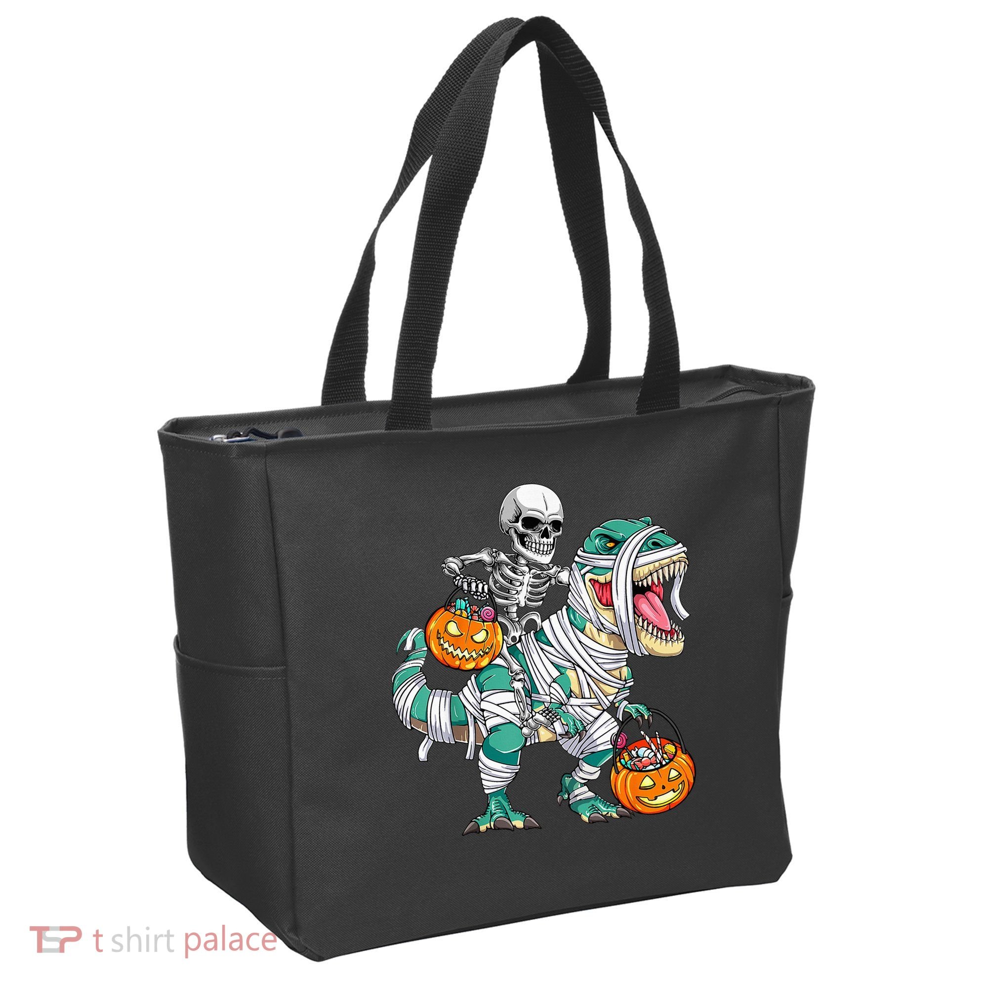 Skeleton Riding Dinosaur T Rex Funny Kids Halloween Tote Bag