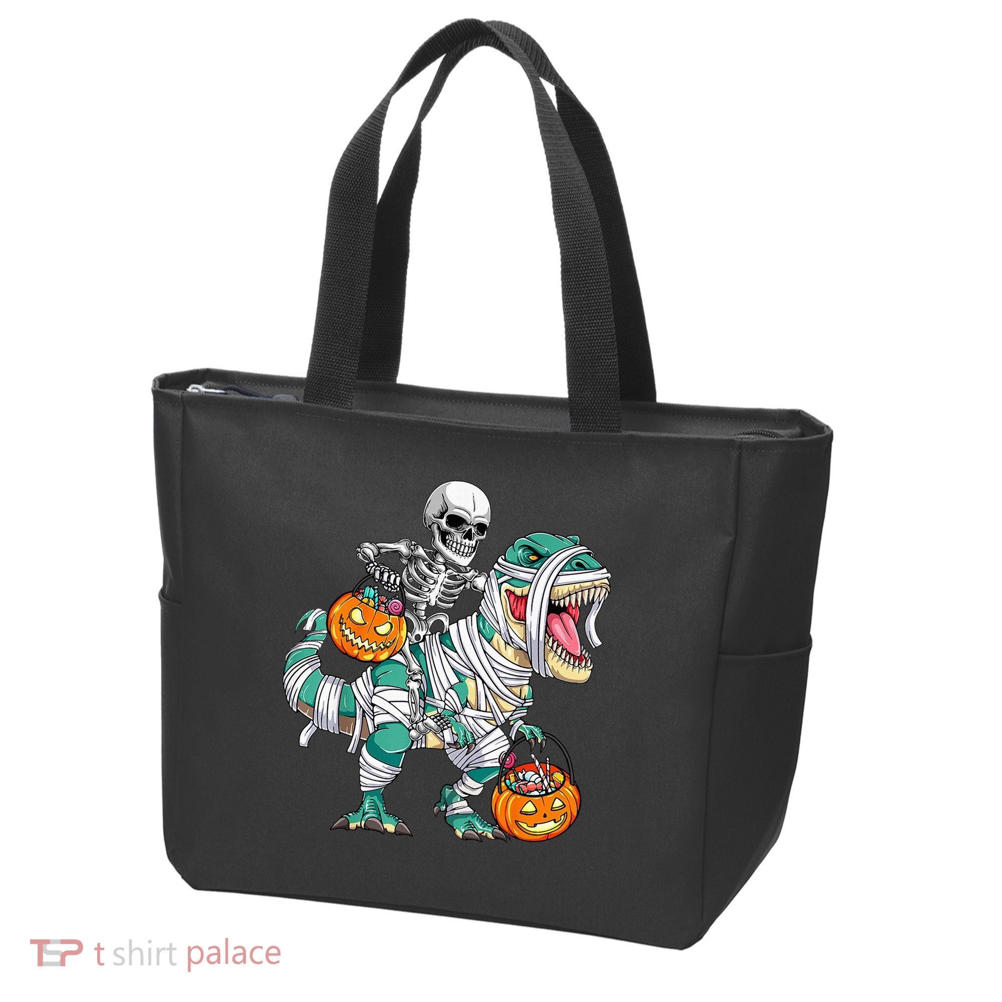 Skeleton Riding Dinosaur T Rex Funny Kids Halloween Tote Bag