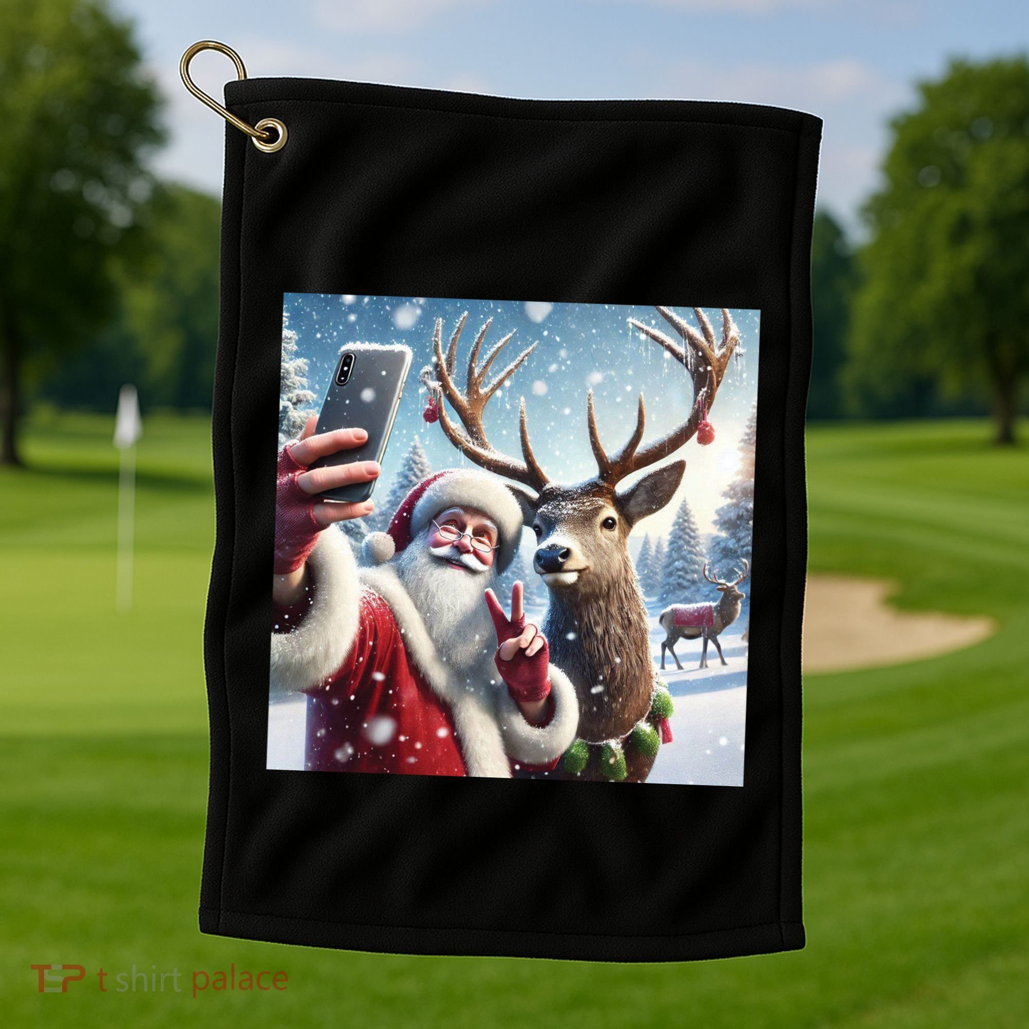 Surprise Rain Deer Selfie Santa Golf Towel