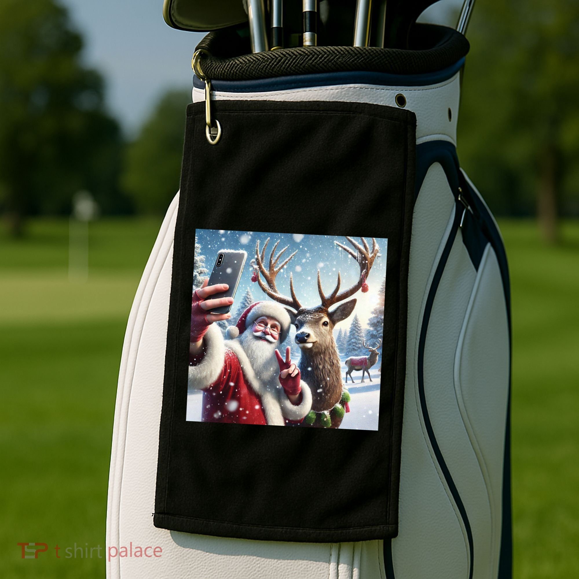 Surprise Rain Deer Selfie Santa Golf Towel
