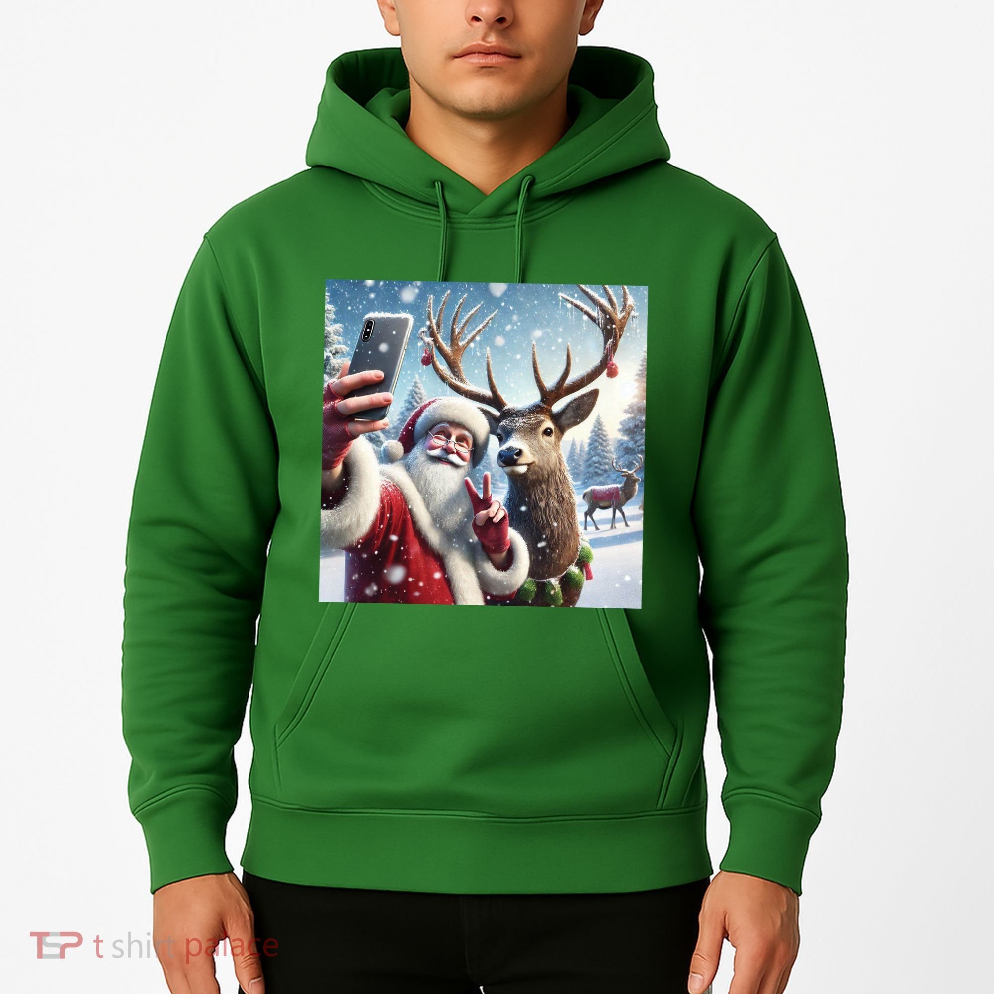 Surprise Rain Deer Selfie Santa Hoodie