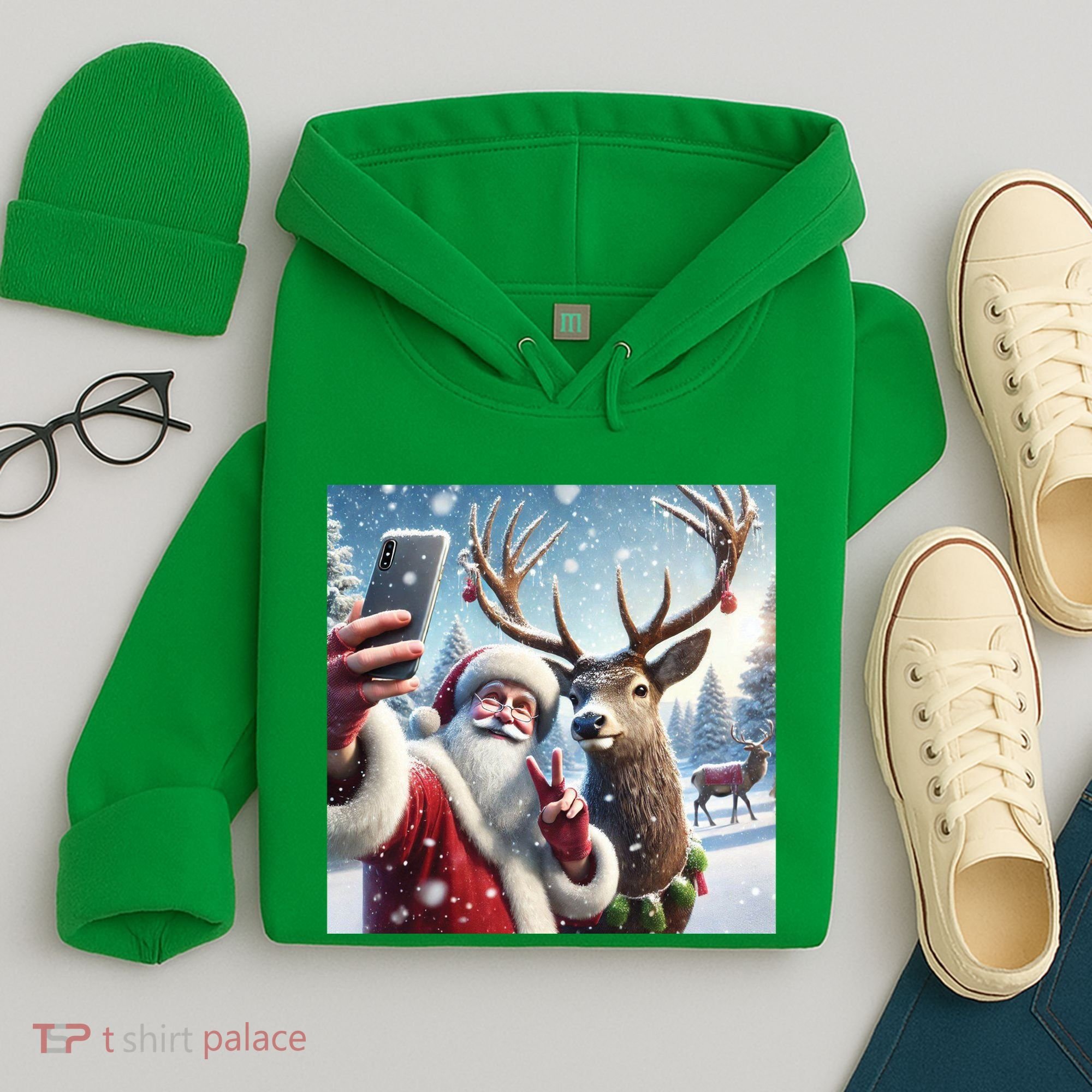 Surprise Rain Deer Selfie Santa Hoodie