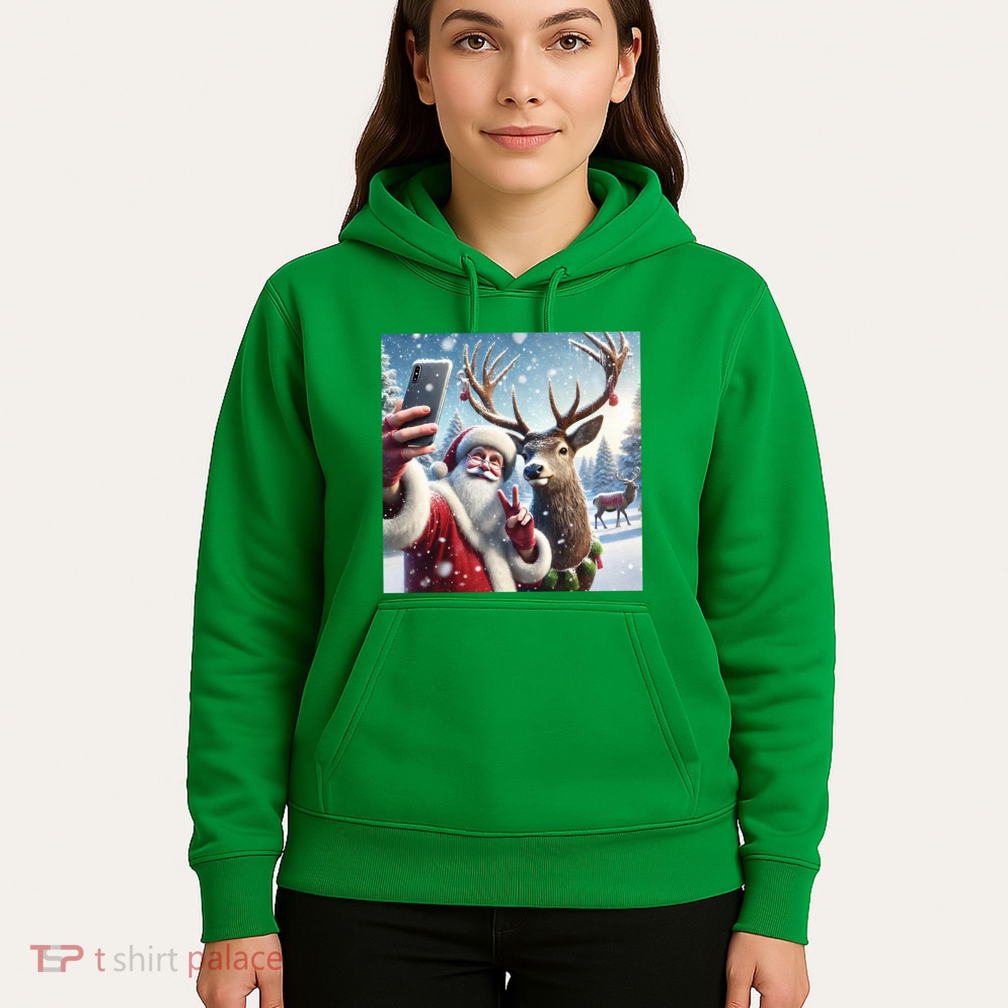 Surprise Rain Deer Selfie Santa Hoodie