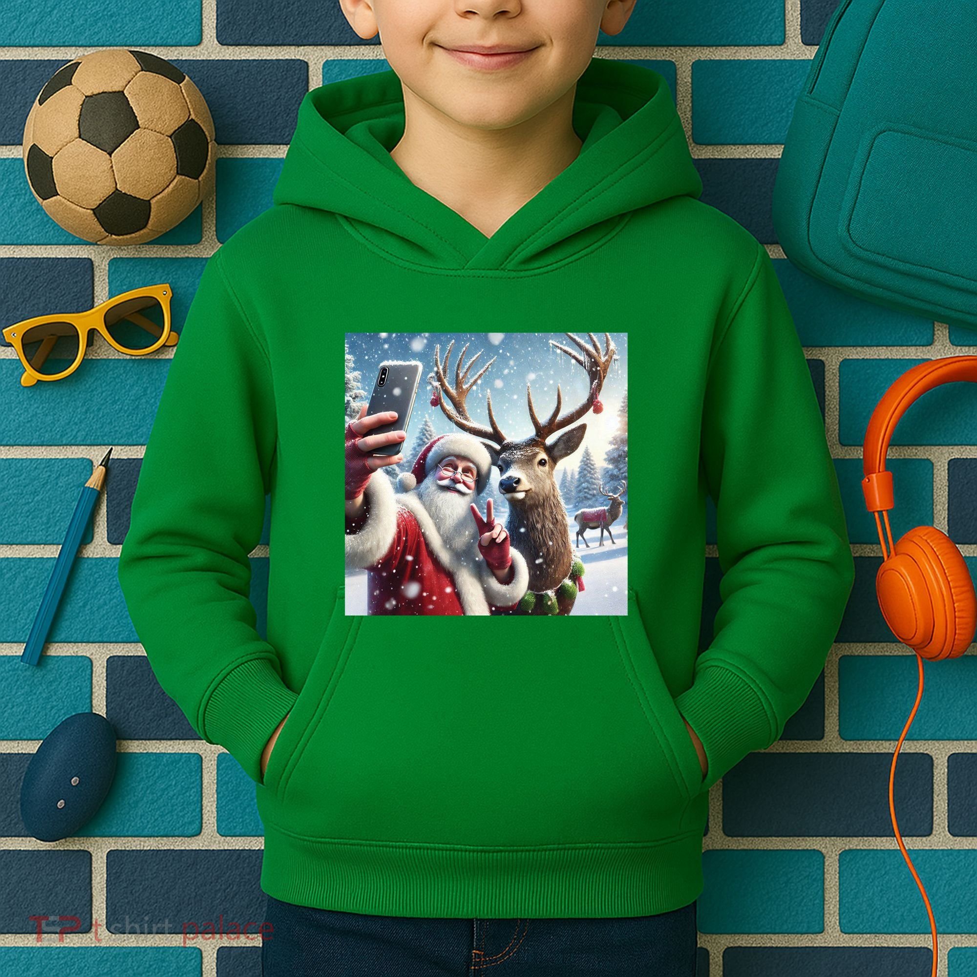 Surprise Rain Deer Selfie Santa Kids Hoodie
