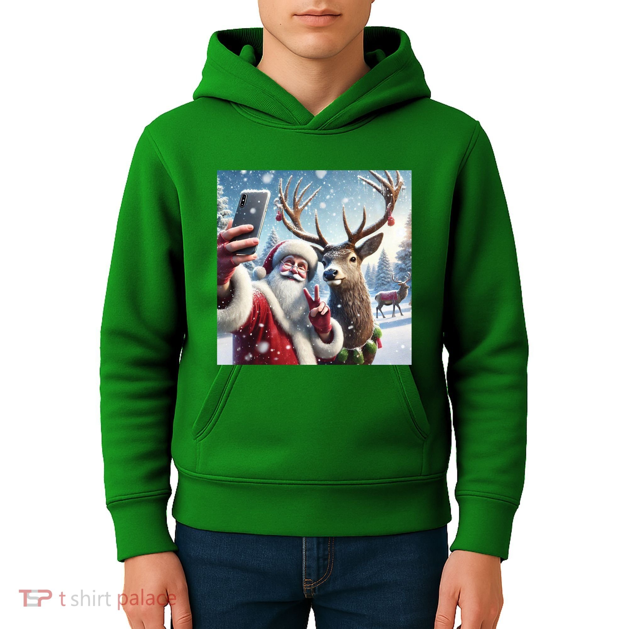Surprise Rain Deer Selfie Santa Kids Hoodie