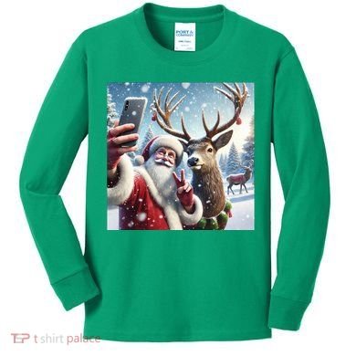 Surprise Rain Deer Selfie Santa Kids Long Sleeve Shirt