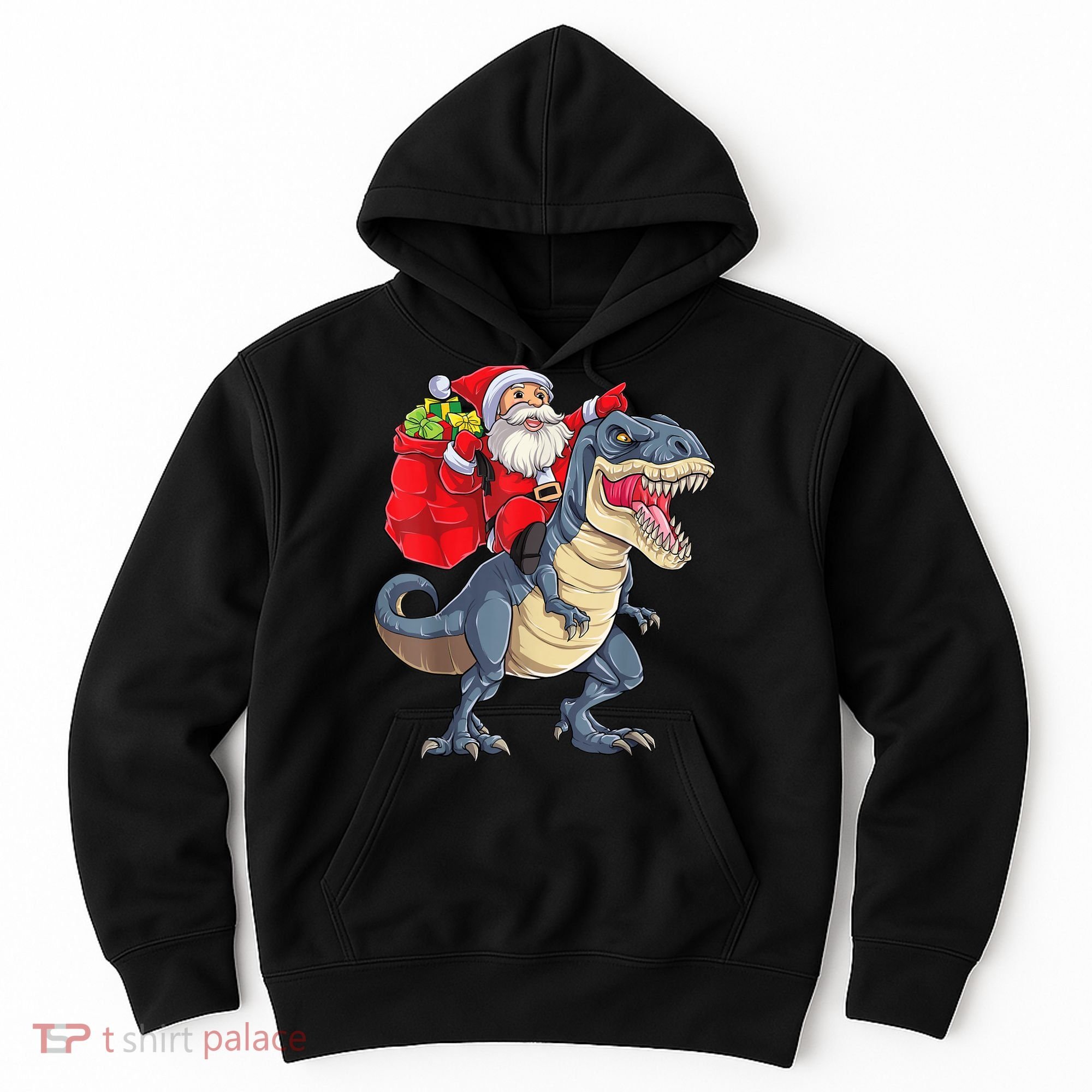 Santa Riding Dinosaur T Rex ChristmasBoys Men Xmas Hoodie