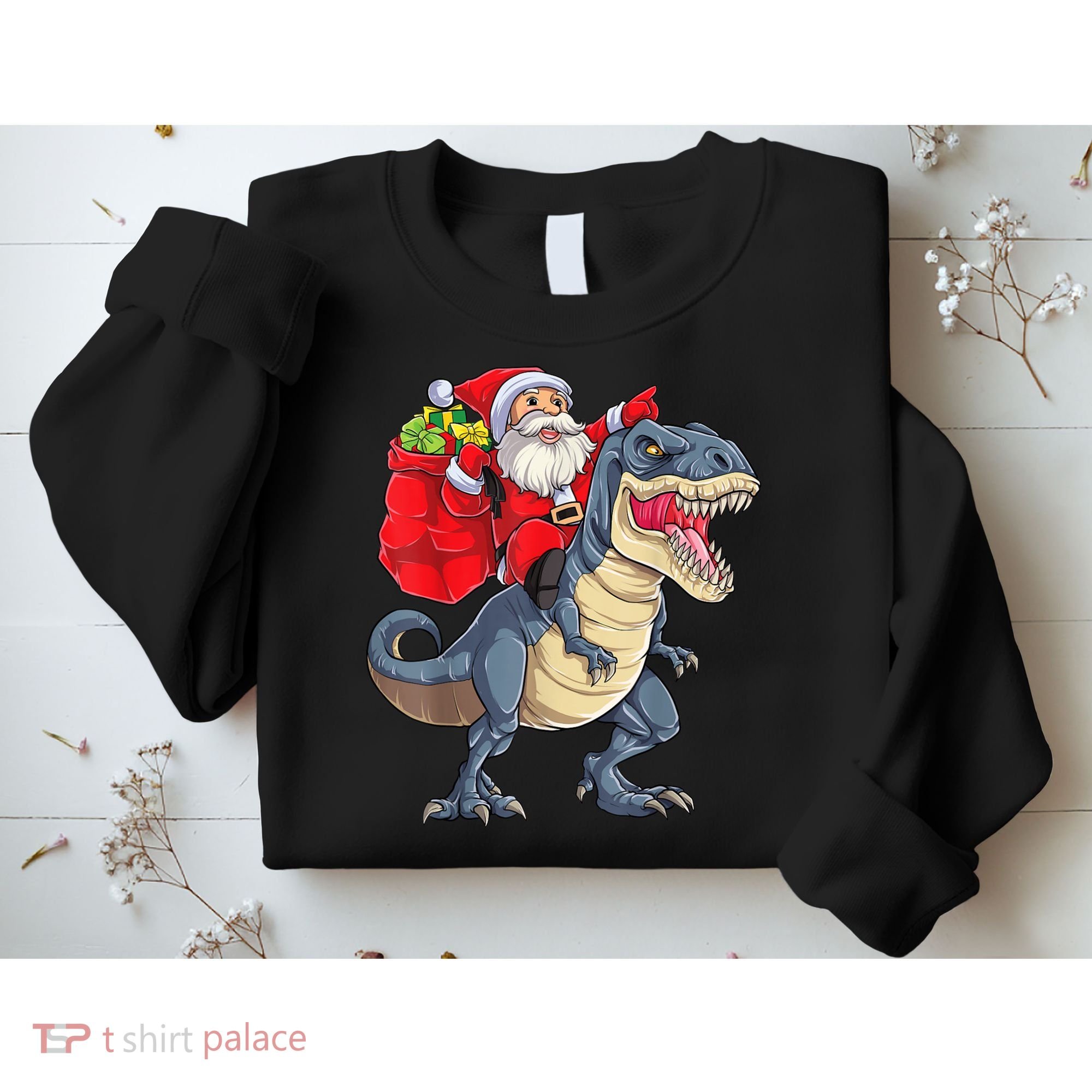 Santa Riding Dinosaur T Rex ChristmasBoys Men Xmas Sweatshirt