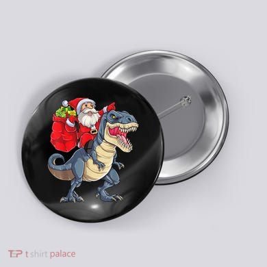 Santa Riding Dinosaur T Rex ChristmasBoys Men Xmas Button