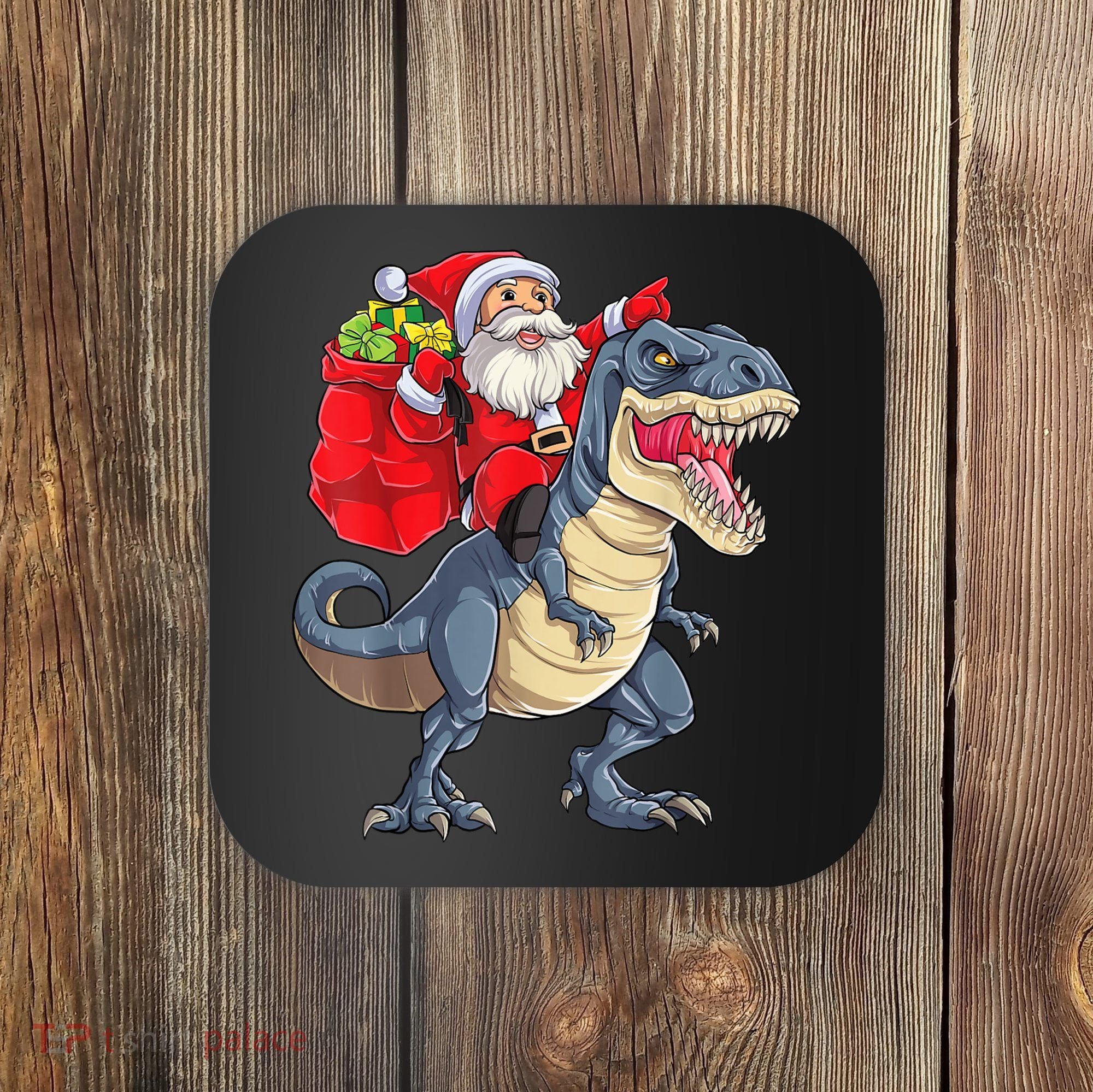 Santa Riding Dinosaur T Rex ChristmasBoys Men Xmas Coaster
