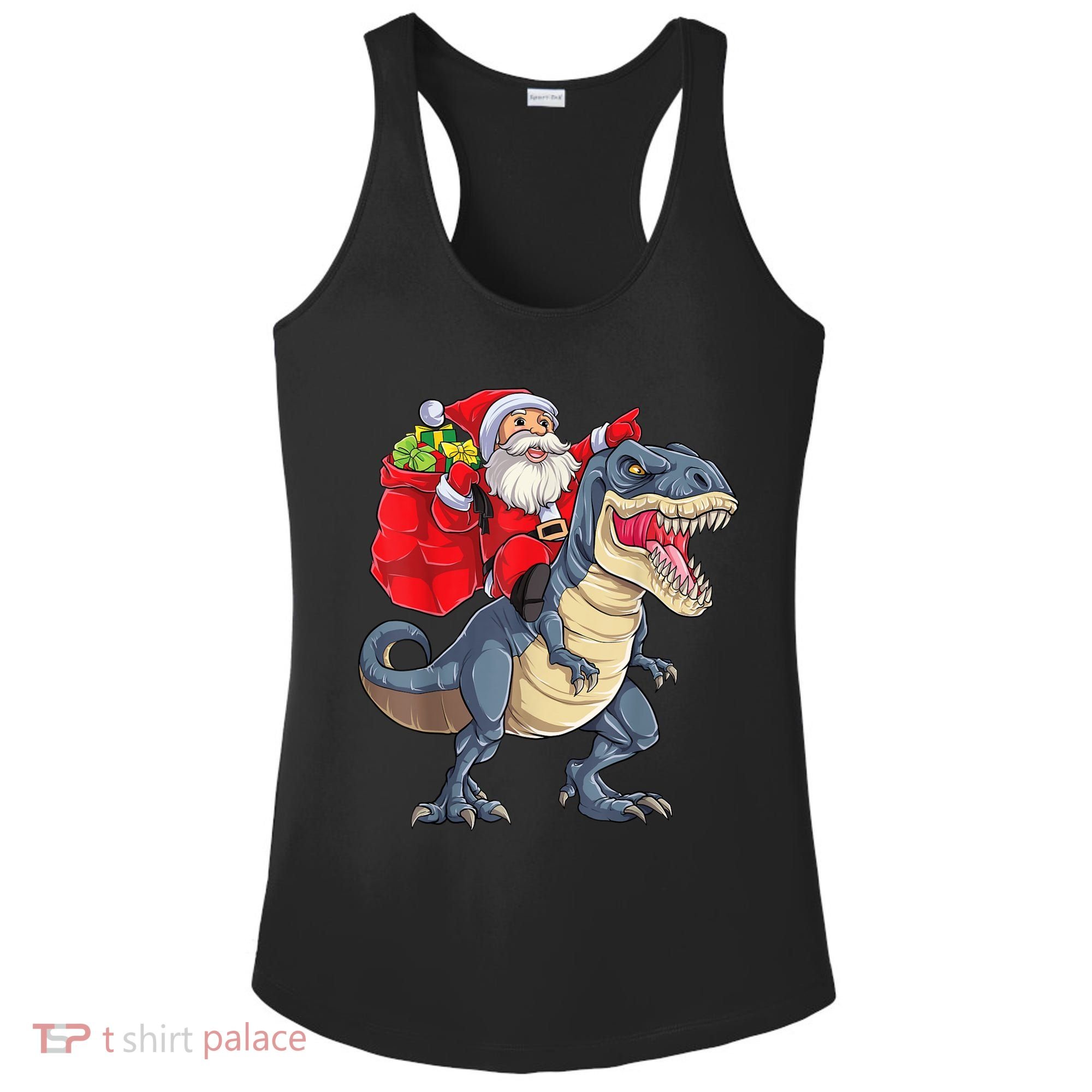 Santa Riding Dinosaur T Rex ChristmasBoys Men Xmas Ladies PosiCharge Competitor Racerback Tank