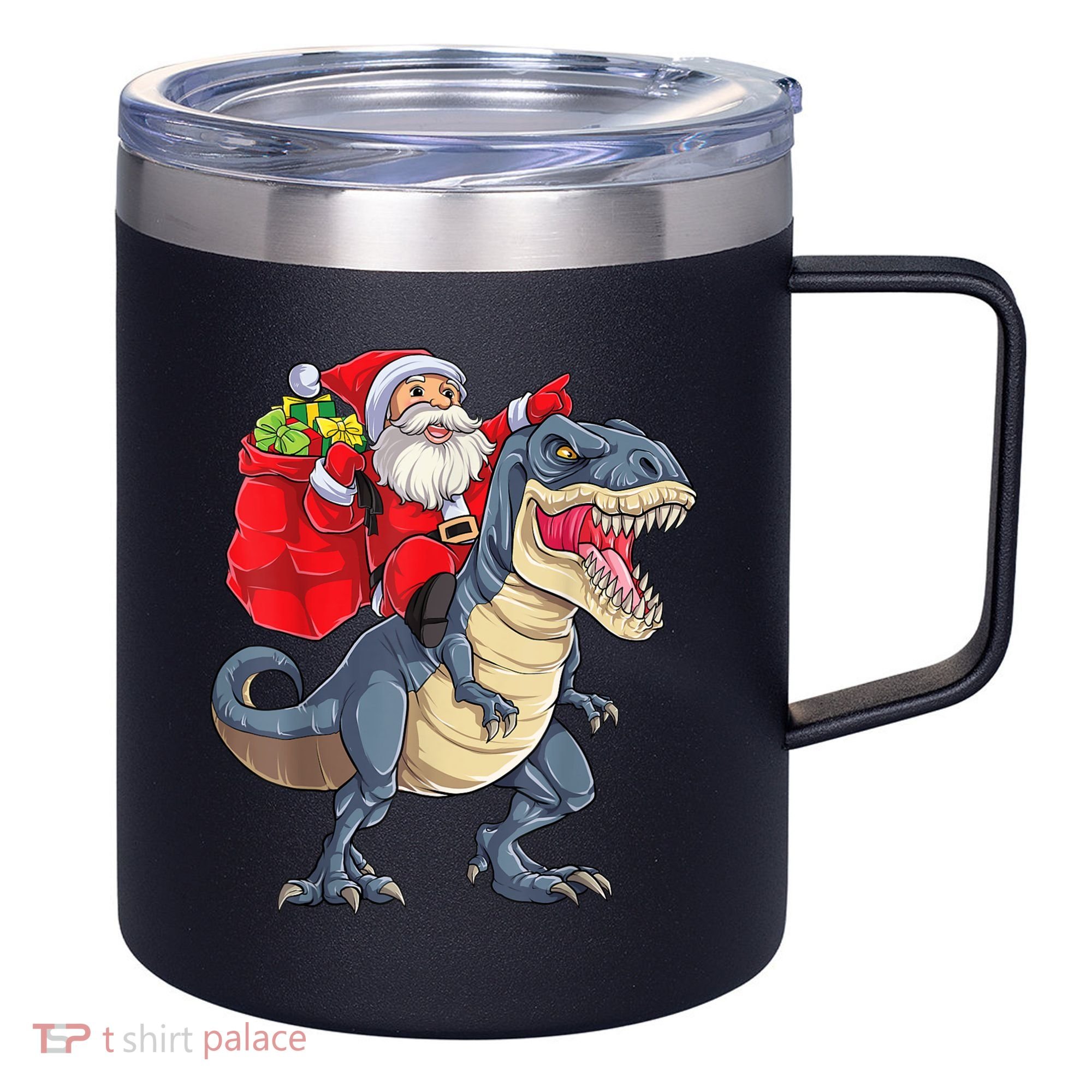 Santa Riding Dinosaur T Rex ChristmasBoys Men Xmas 12oz Stainless Steel Coffee Mug