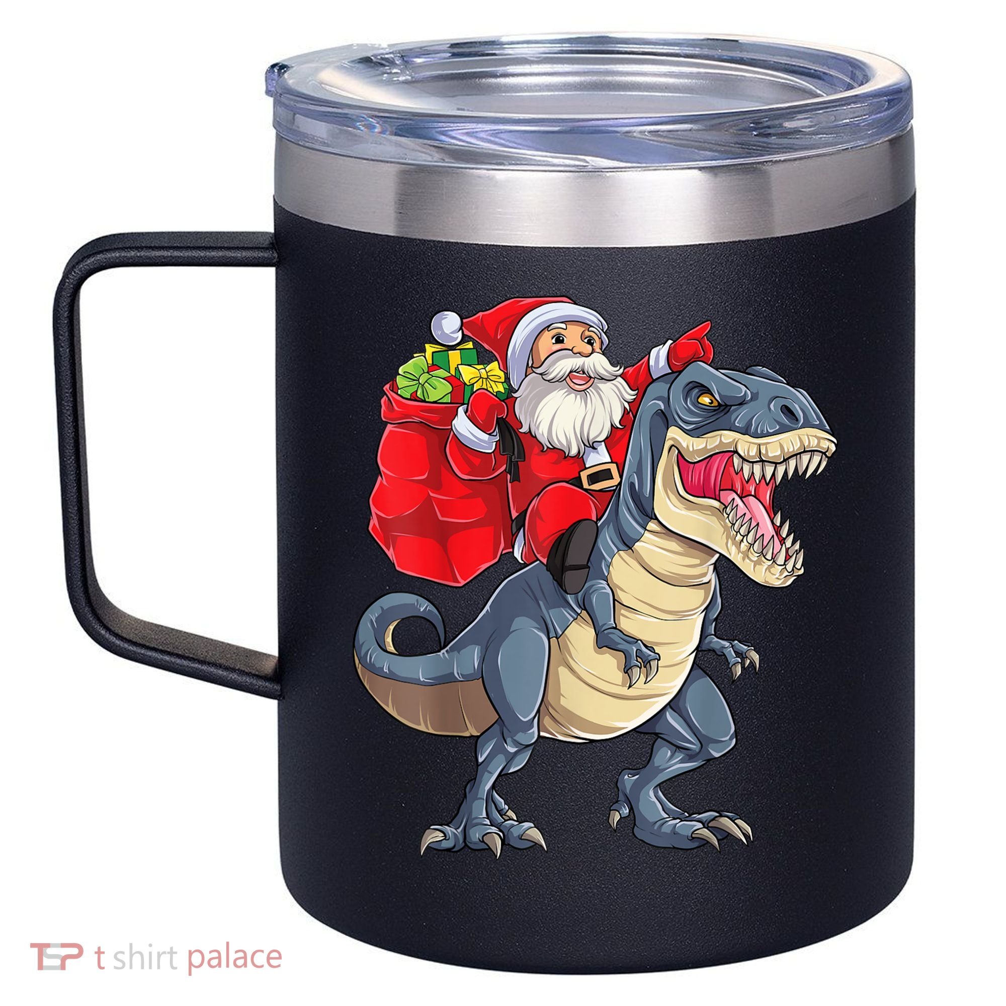 Santa Riding Dinosaur T Rex ChristmasBoys Men Xmas 12oz Stainless Steel Coffee Mug