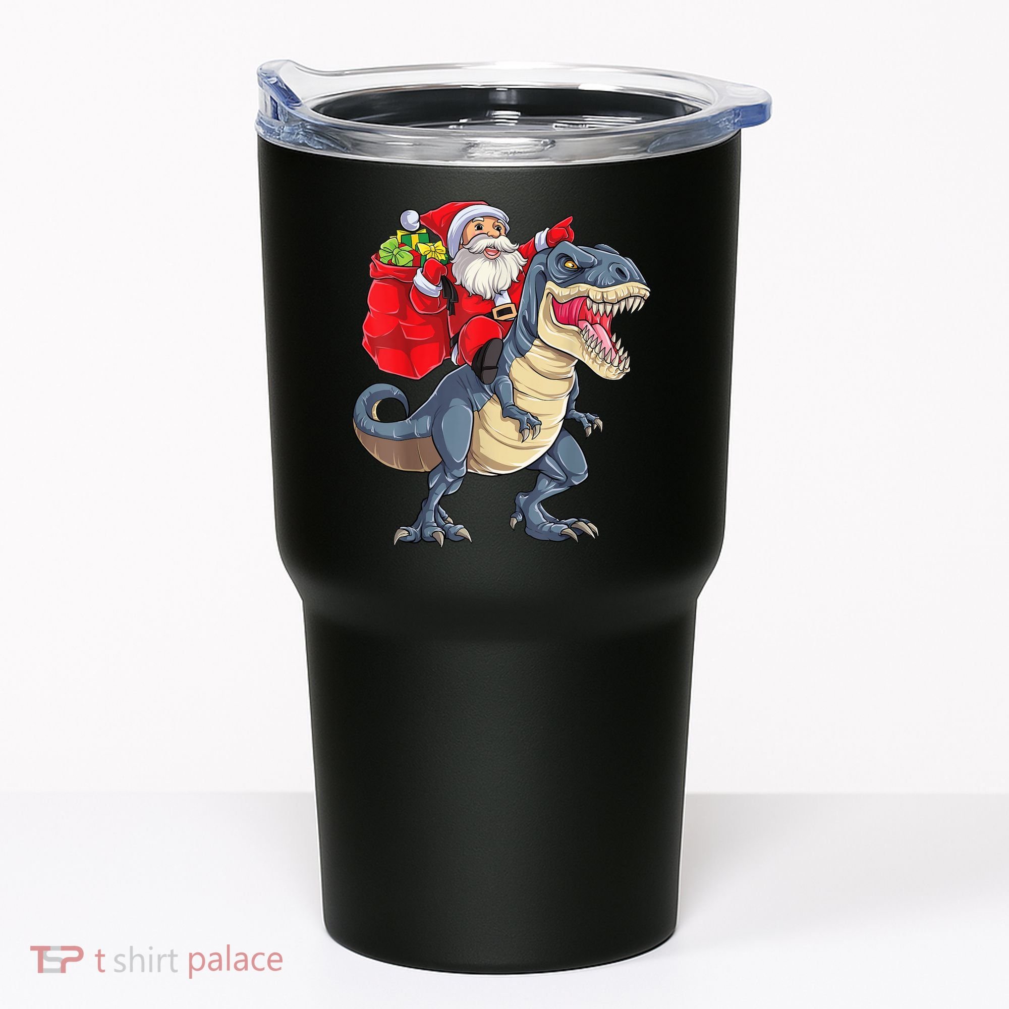 Santa Riding Dinosaur T Rex ChristmasBoys Men Xmas Tumbler