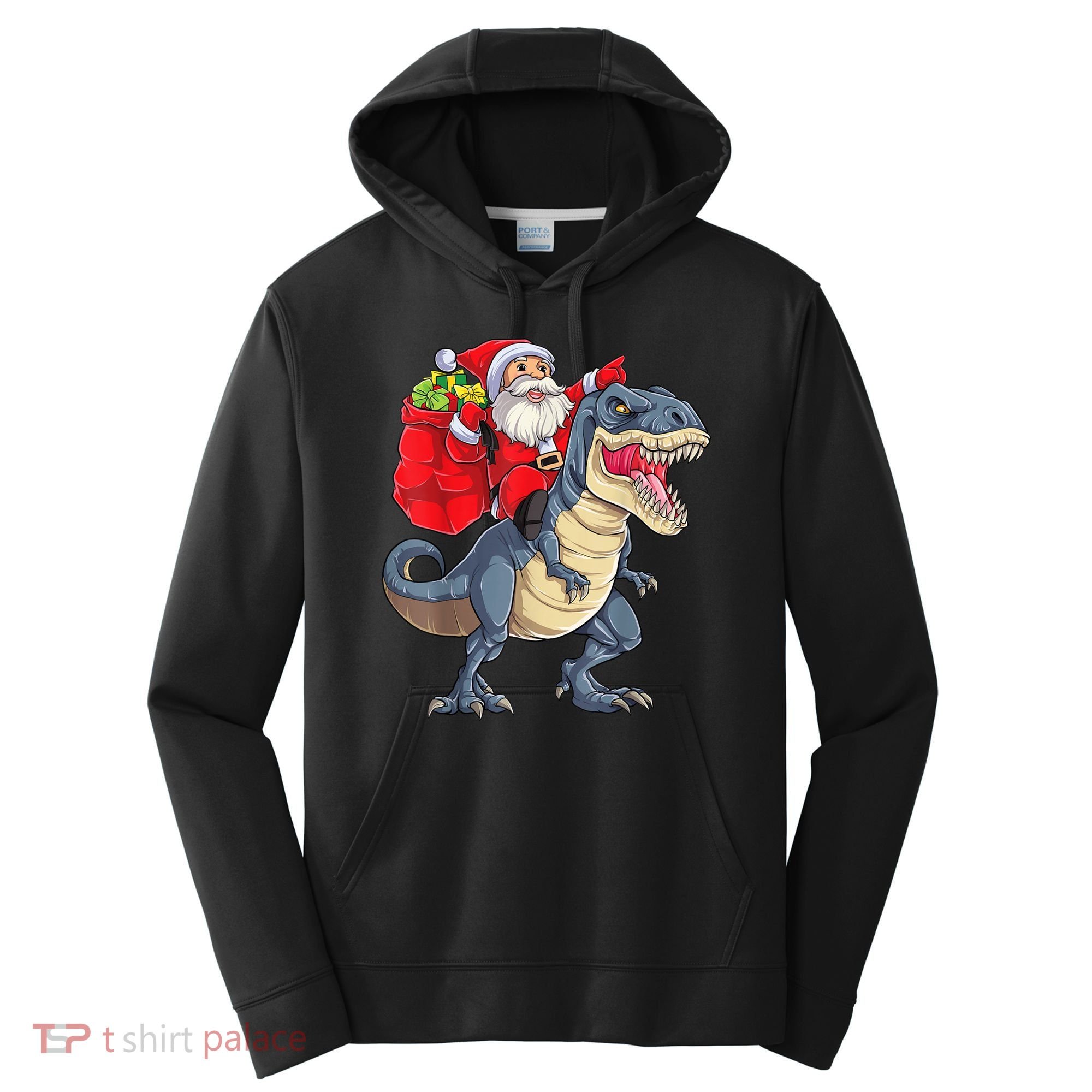 Santa Riding Dinosaur T Rex ChristmasBoys Men Xmas Performance Fleece Hoodie