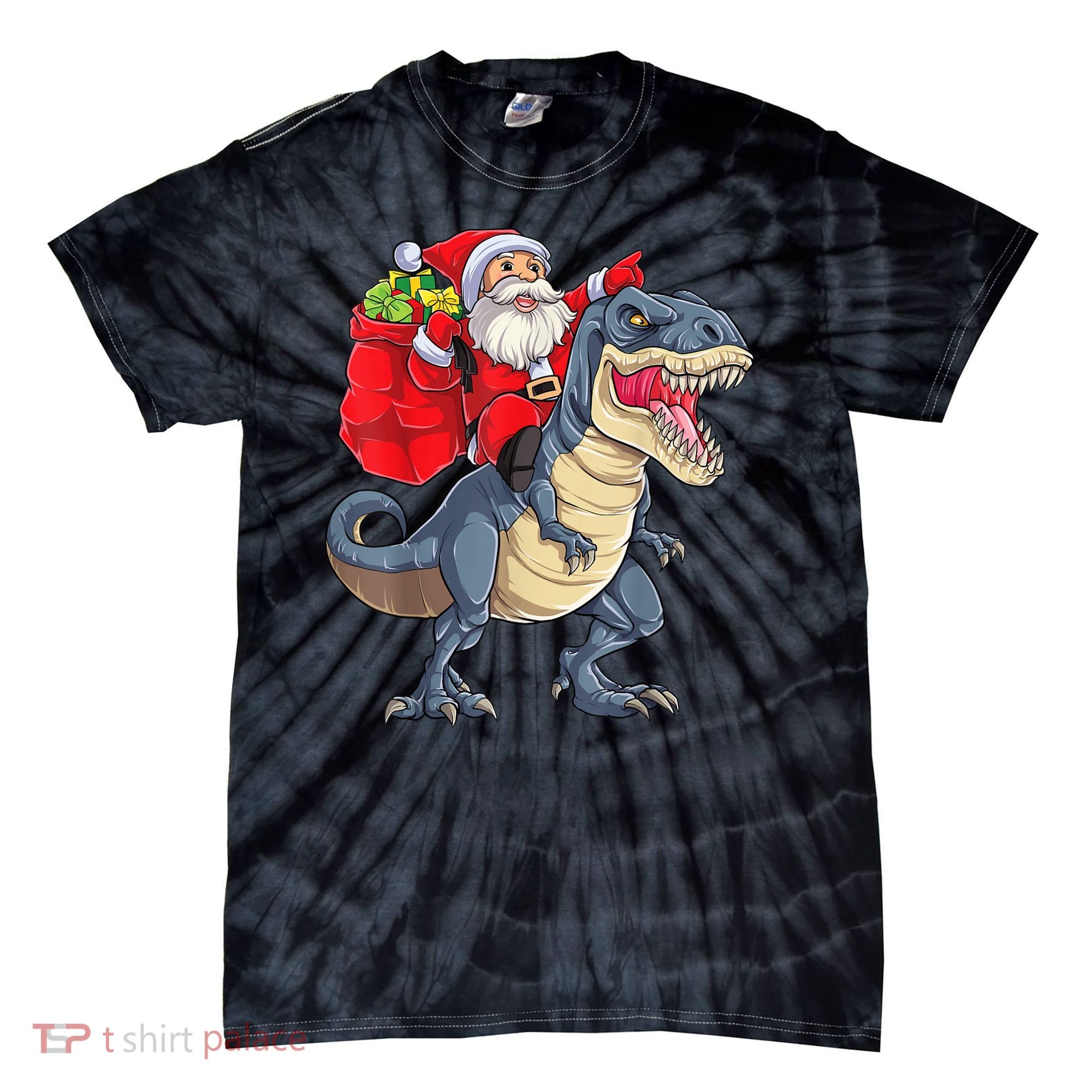 Santa Riding Dinosaur T Rex ChristmasBoys Men Xmas Tie-Dye T-Shirt
