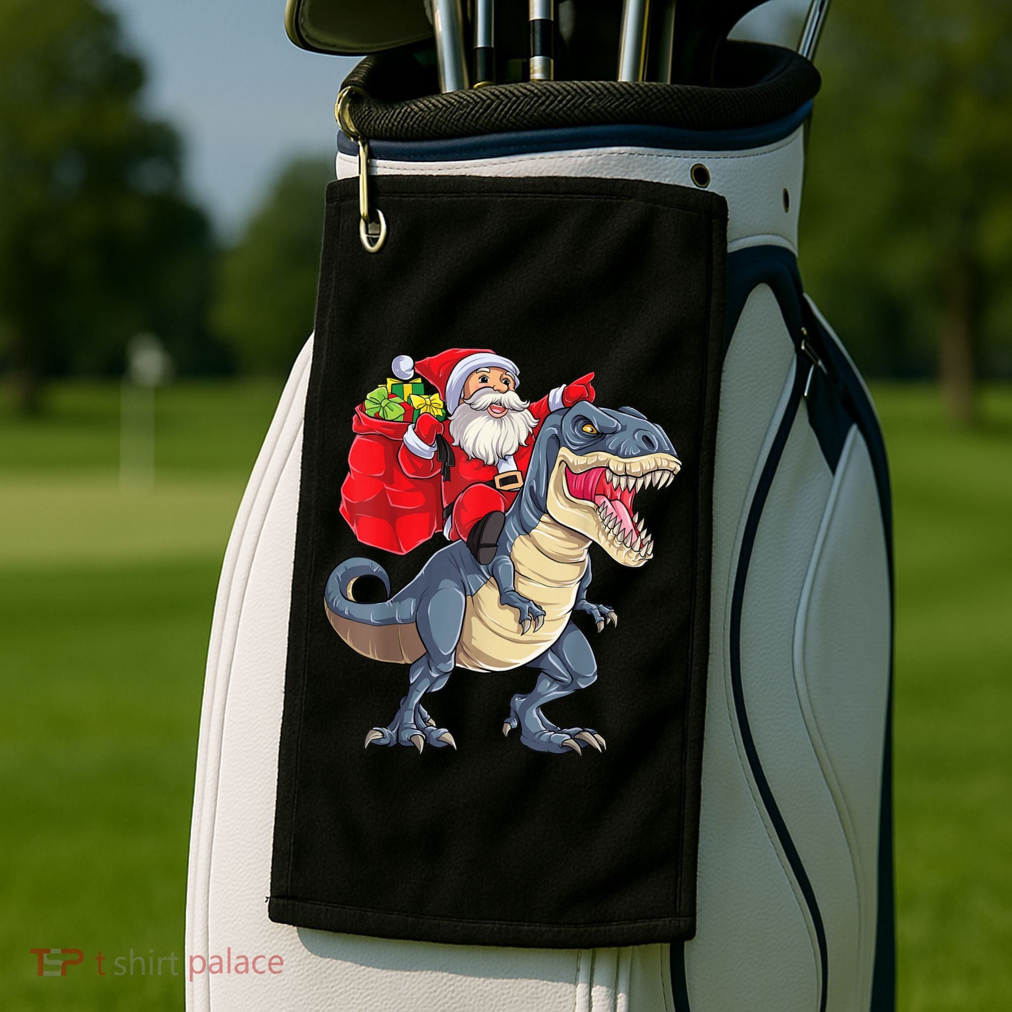 Santa Riding Dinosaur T Rex ChristmasBoys Men Xmas Golf Towel