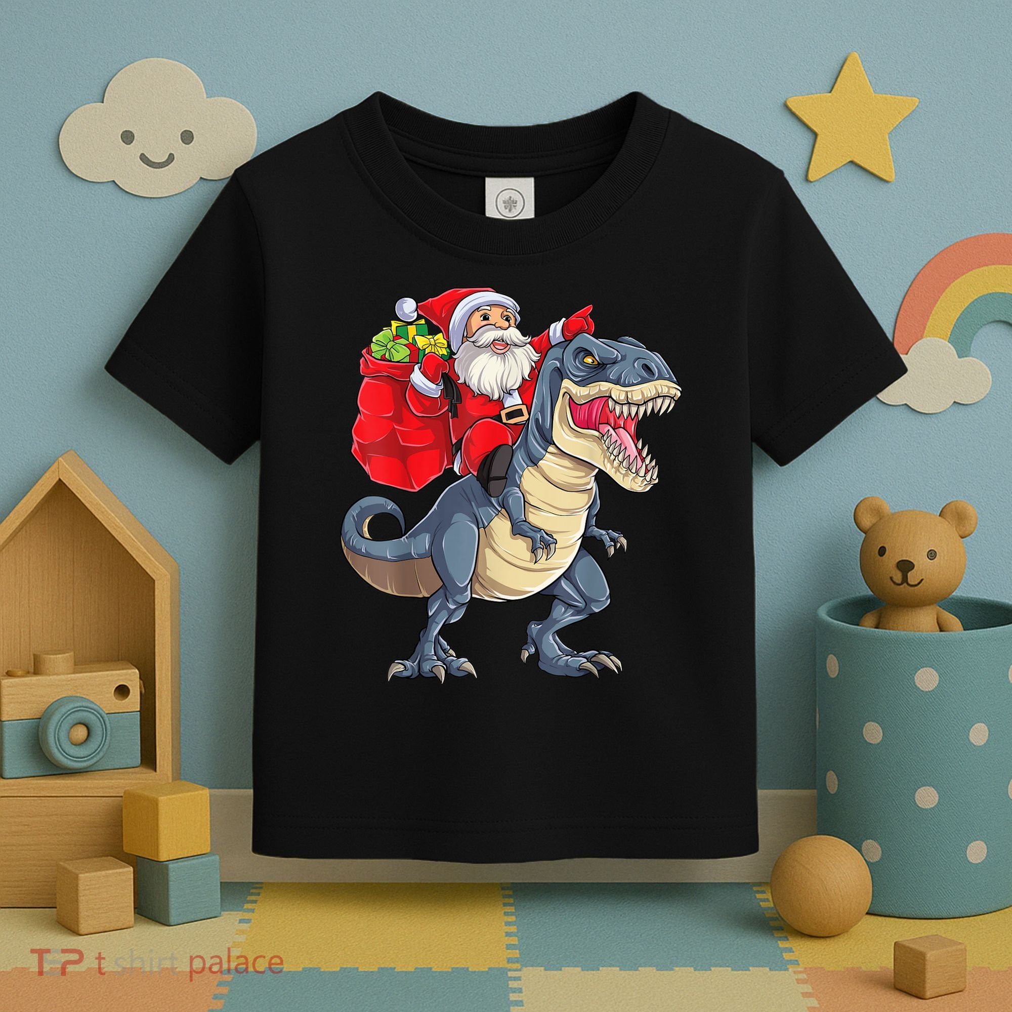 Santa Riding Dinosaur T Rex ChristmasBoys Men Xmas Toddler T-Shirt