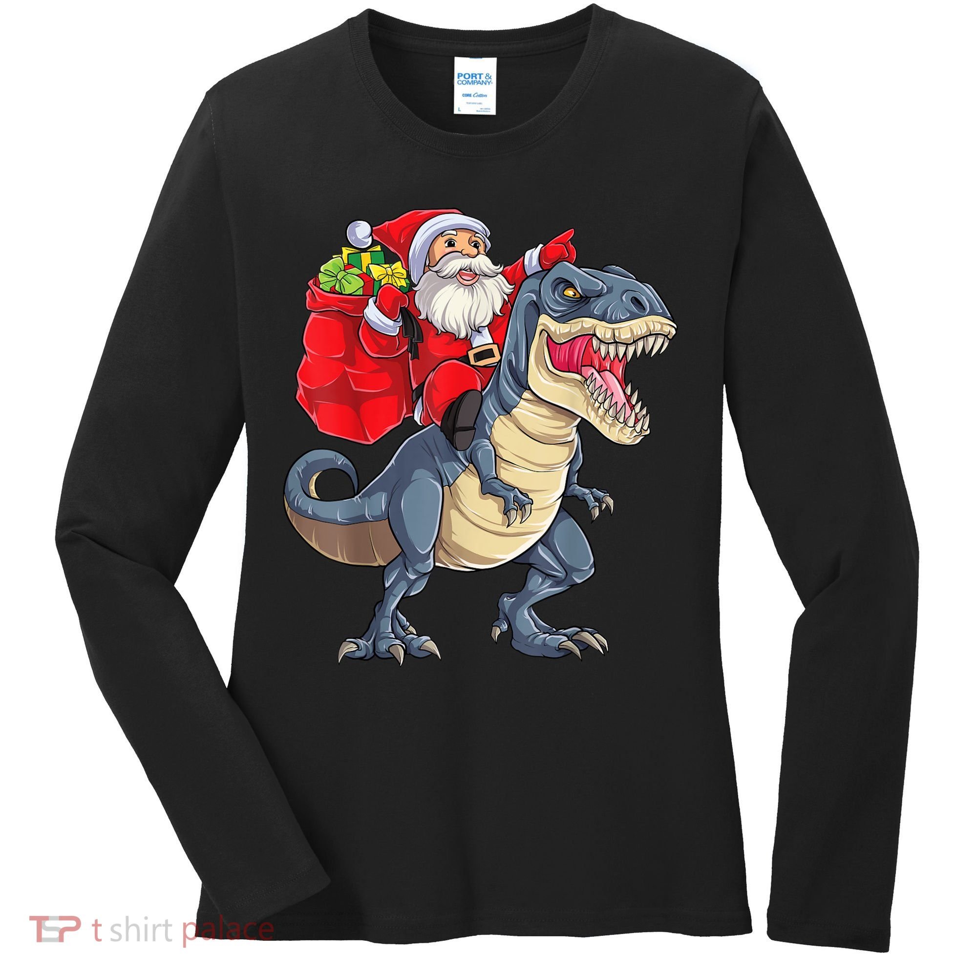 Santa Riding Dinosaur T Rex ChristmasBoys Men Xmas Women's Long Sleeve Shirt