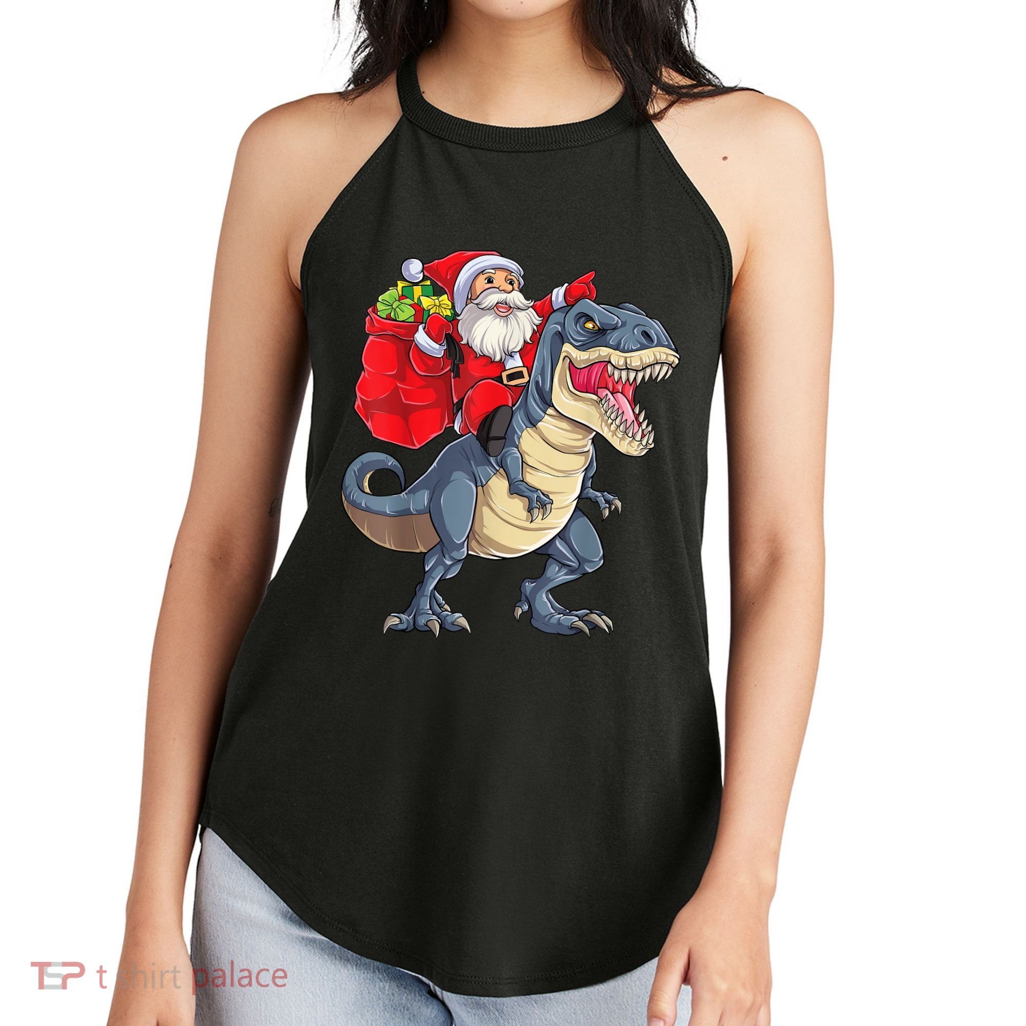 Santa Riding Dinosaur T Rex ChristmasBoys Men Xmas Women's Perfect Tri Rocker Tank