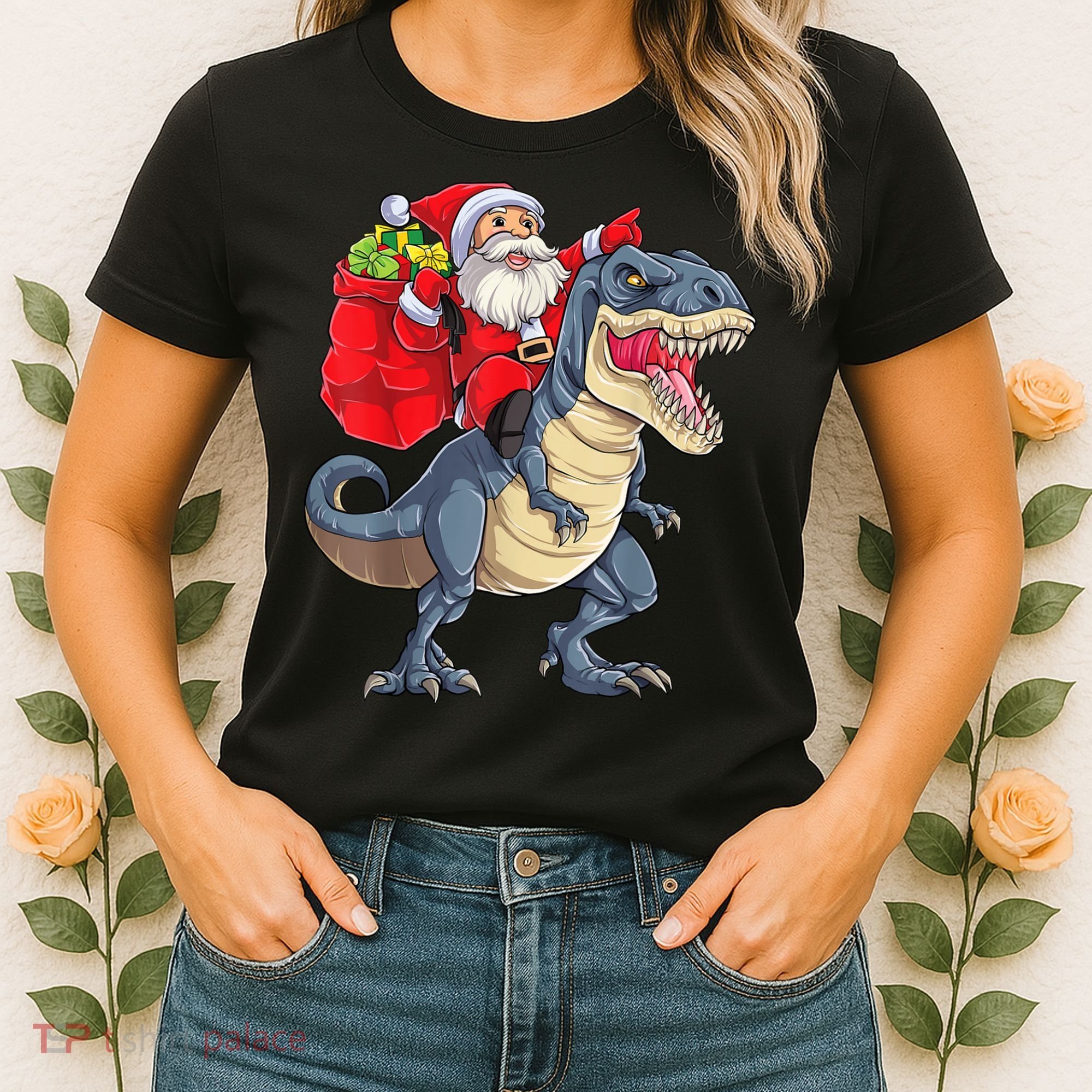 Santa Riding Dinosaur T Rex ChristmasBoys Men Xmas Women's T-Shirt