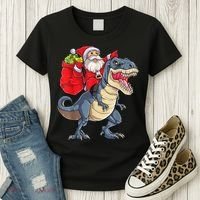 Santa Riding Dinosaur T Rex ChristmasBoys Men Xmas Women's T-Shirt thumb 3