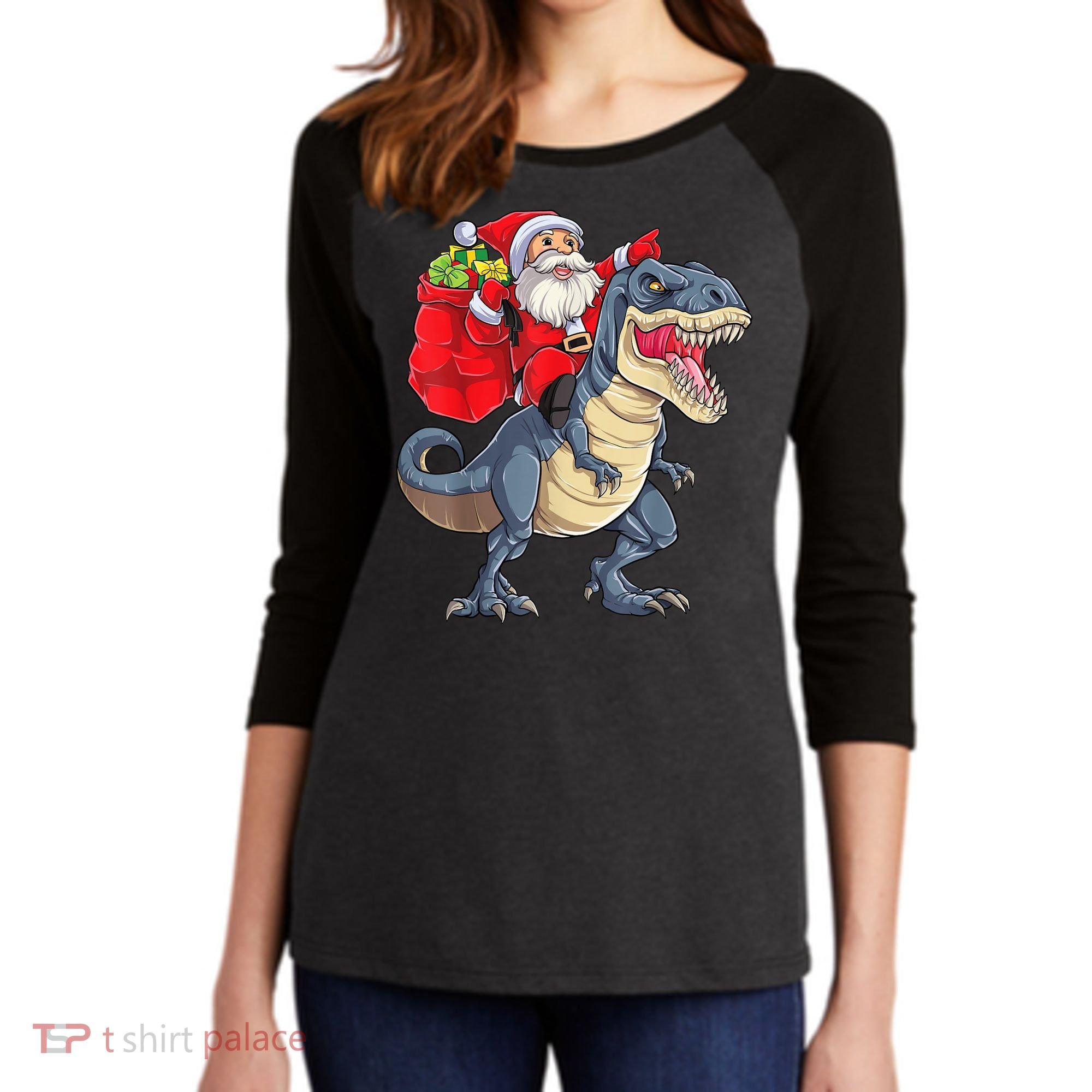 Santa Riding Dinosaur T Rex ChristmasBoys Men Xmas Women's Tri-Blend 3/4-Sleeve Raglan Shirt