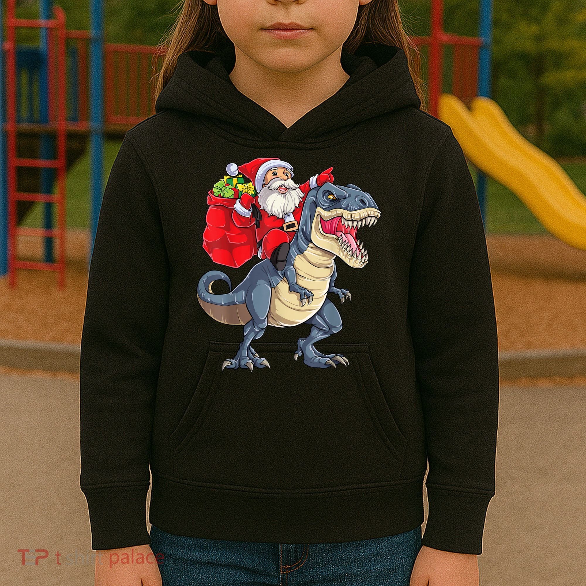 Santa Riding Dinosaur T Rex ChristmasBoys Men Xmas Kids Hoodie