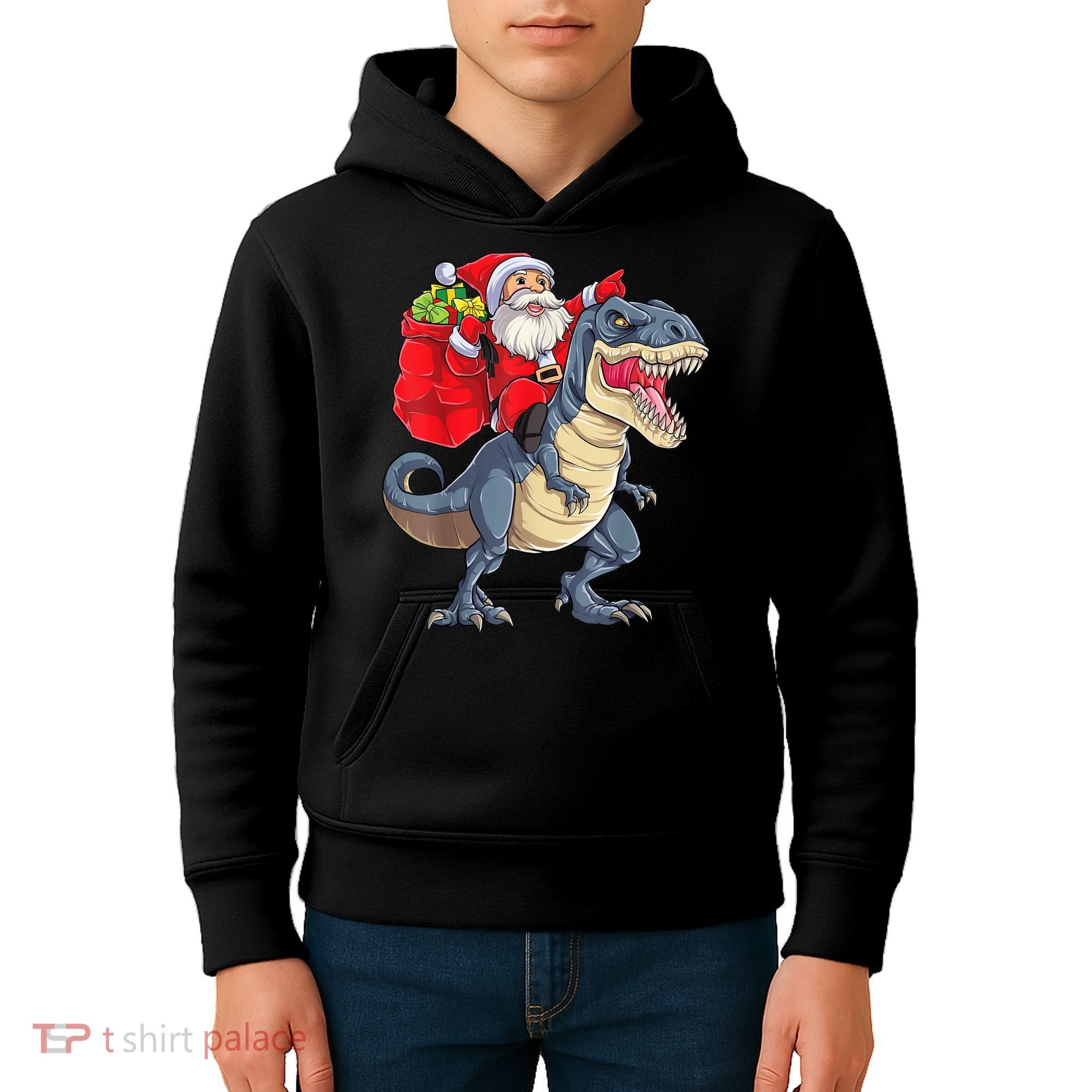 Santa Riding Dinosaur T Rex ChristmasBoys Men Xmas Kids Hoodie
