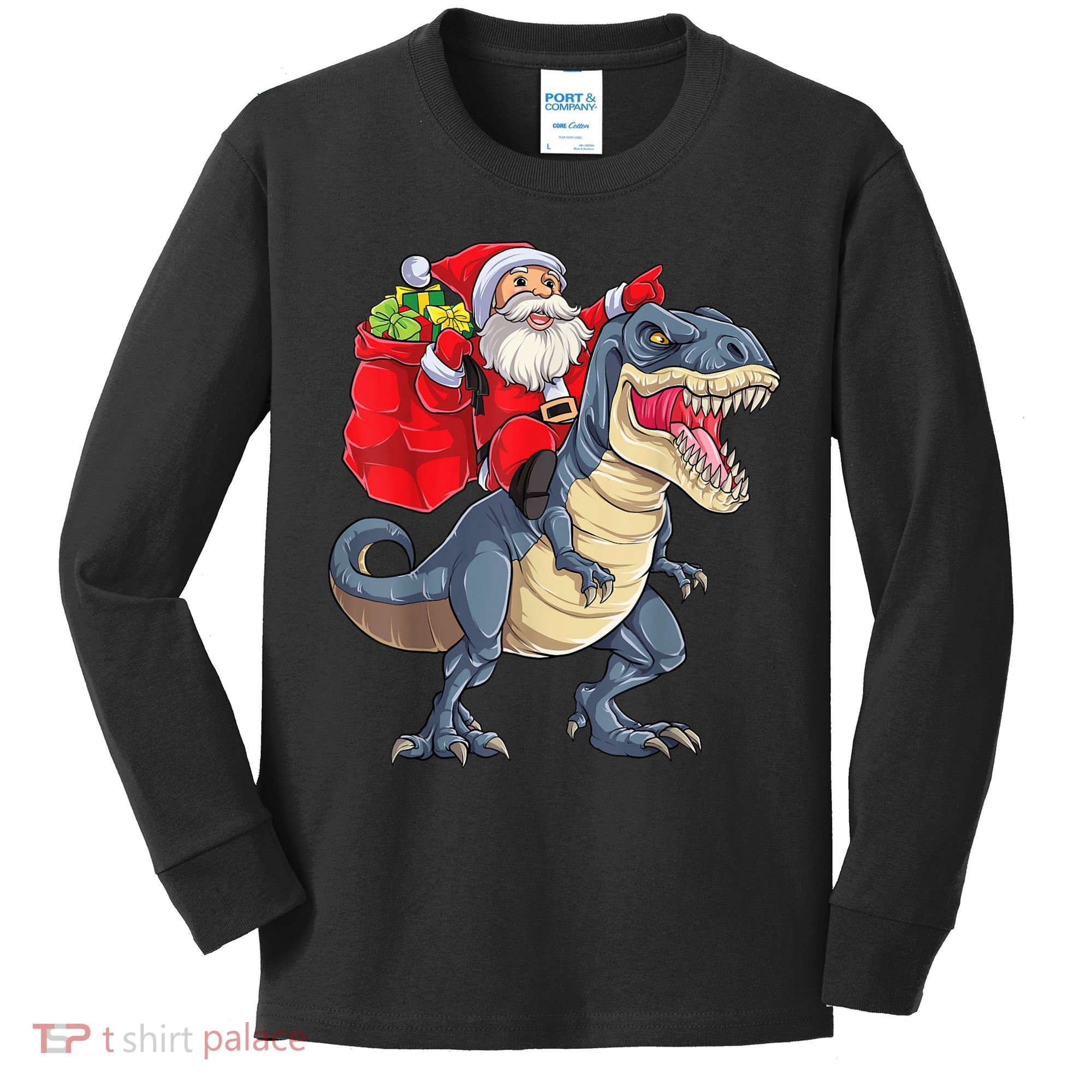 Santa Riding Dinosaur T Rex ChristmasBoys Men Xmas Kids Long Sleeve Shirt