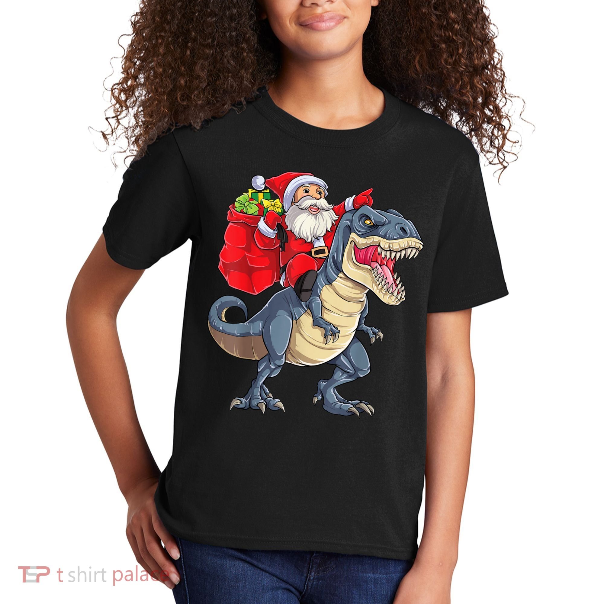 Santa Riding Dinosaur T Rex ChristmasBoys Men Xmas Kids T-Shirt