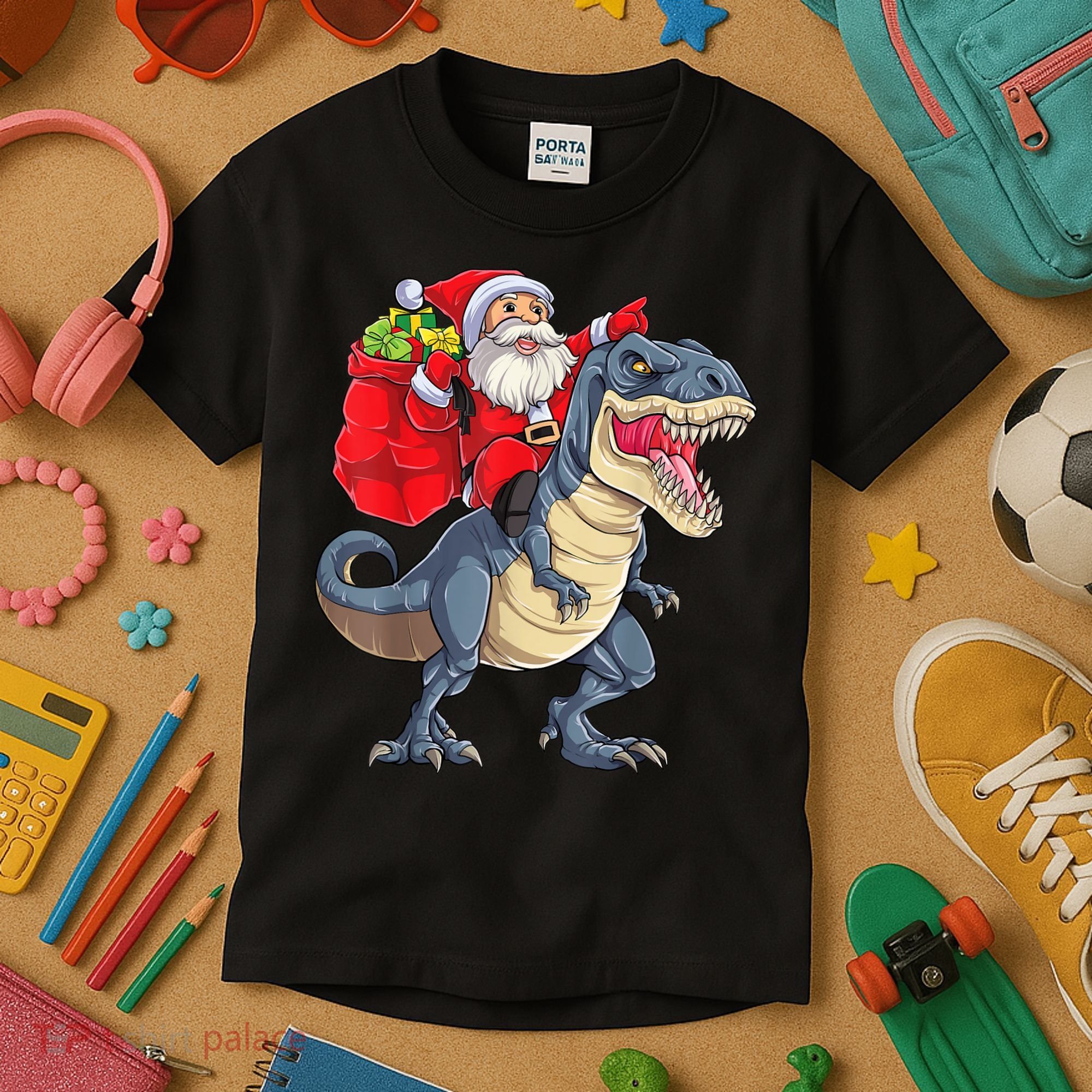 Santa Riding Dinosaur T Rex ChristmasBoys Men Xmas Kids T-Shirt