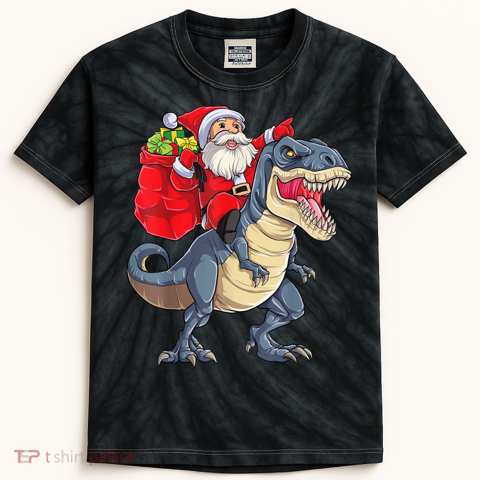 Santa Riding Dinosaur T Rex ChristmasBoys Men Xmas Kids Tie-Dye T-Shirt