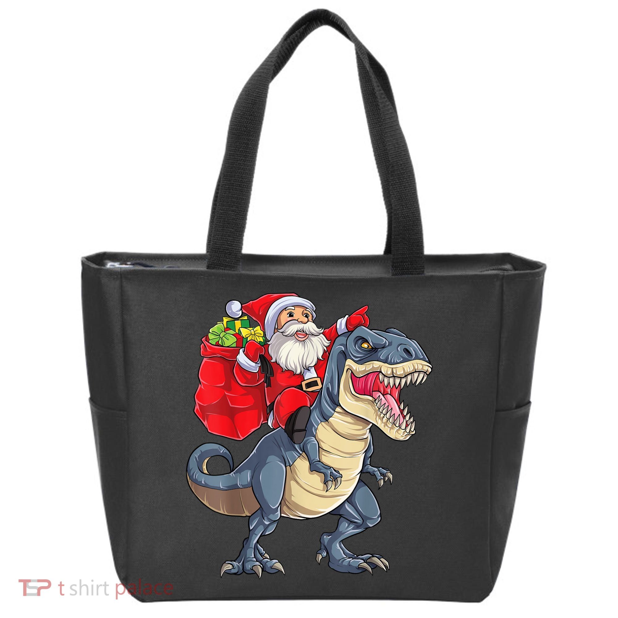 Santa Riding Dinosaur T Rex ChristmasBoys Men Xmas Tote Bag