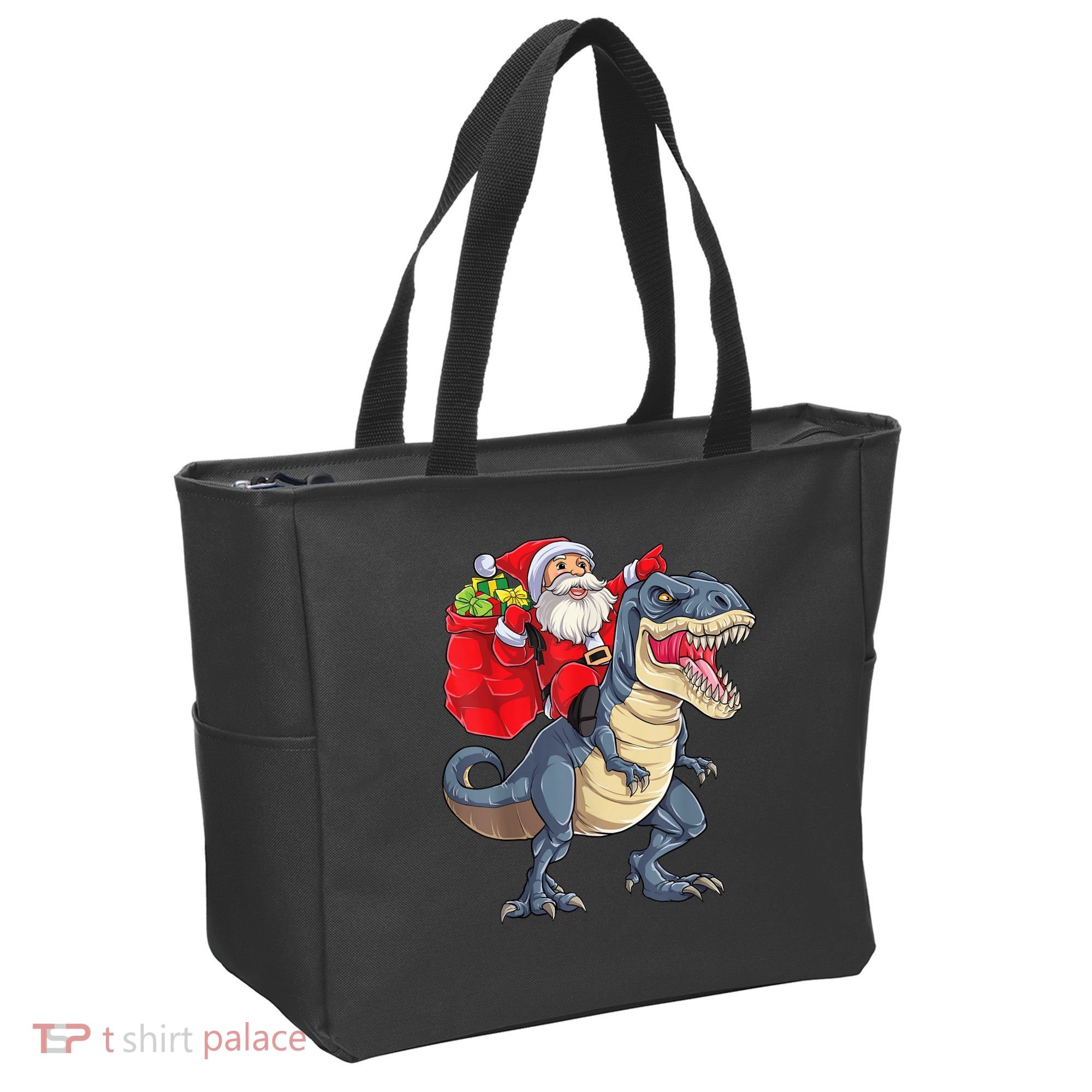 Santa Riding Dinosaur T Rex ChristmasBoys Men Xmas Tote Bag
