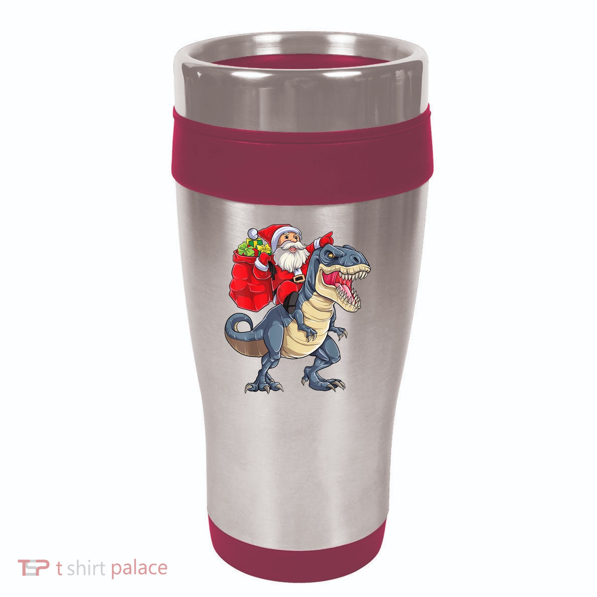Santa Riding Dinosaur T Rex ChristmasBoys Men Xmas 16oz Travel Tumbler